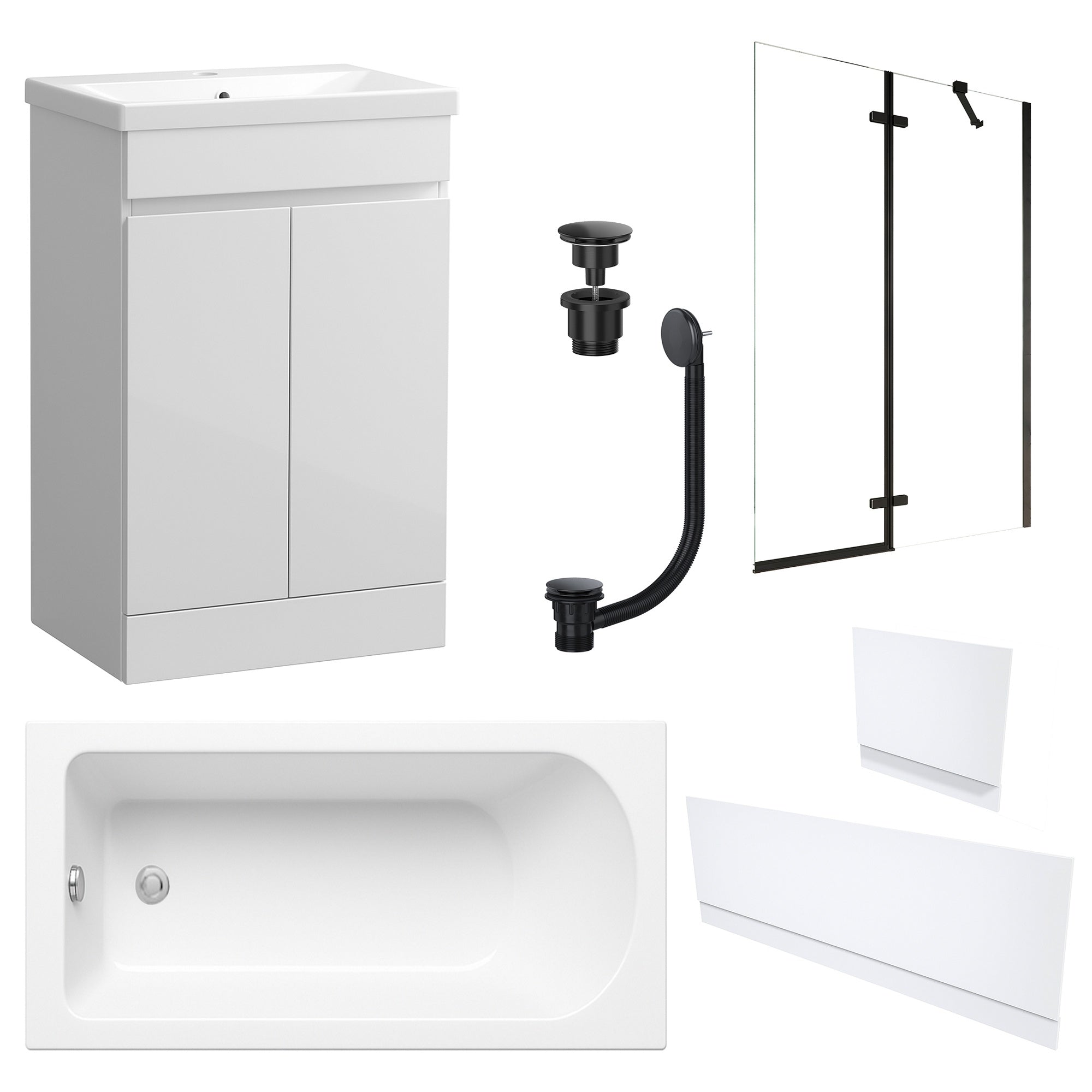 Waterproof 500mm Vanity Unit with Single Ended Bath, Gloss White Panels, Matt Black Screen, Bath & Universal Basin Waste