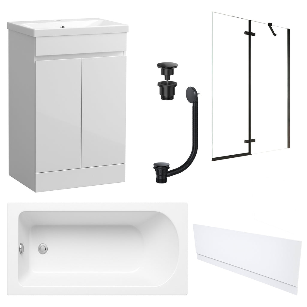 Waterproof 500mm Vanity Unit with Single Ended Bath, Gloss White Front Panel, Matt Black Screen, Bath & Universal Basin Waste