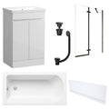 Waterproof 500mm Vanity Unit with Single Ended Bath, Gloss White Front Panel, Matt Black Screen, Bath & Universal Basin Waste