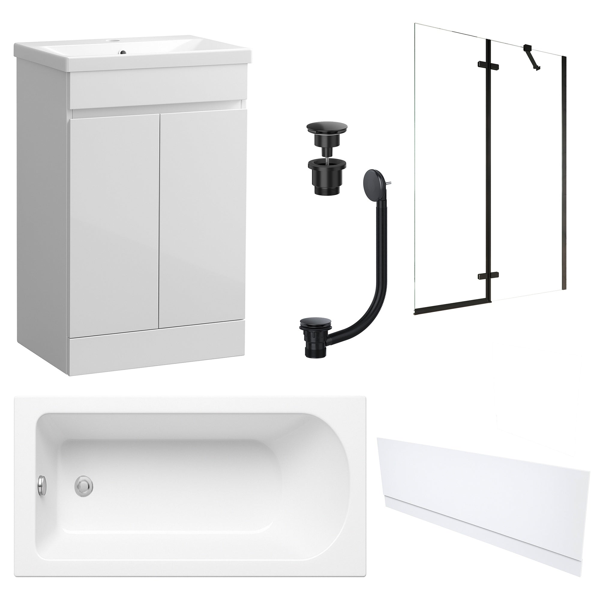 Waterproof 500mm Vanity Unit with Single Ended Bath, Gloss White Front Panel, Matt Black Screen, Bath & Universal Basin Waste