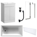 Waterproof 500mm Vanity Unit with Single Ended Bath, Gloss White Front Panel, Matt Black Screen, Bath & Universal Basin Waste