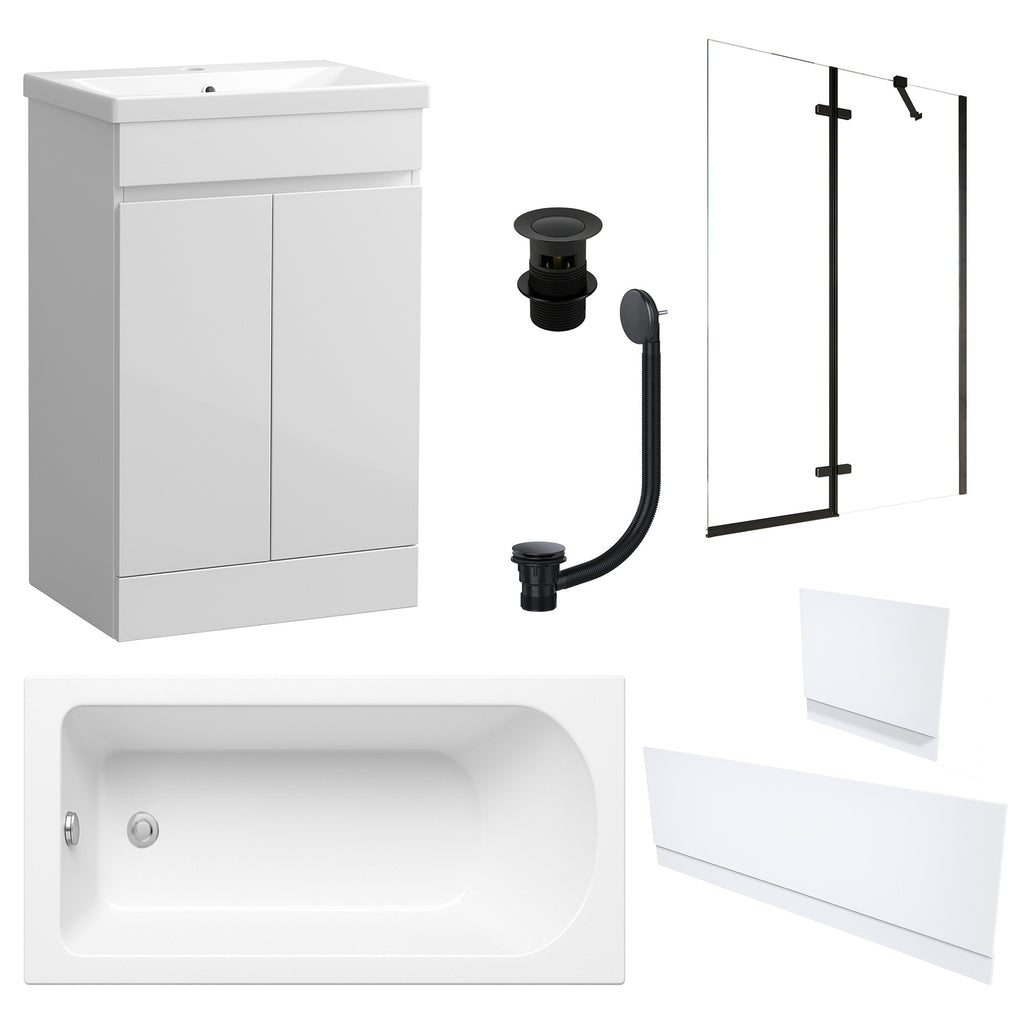 Waterproof 500mm Vanity Unit with Single Ended Bath, Gloss White Panels, Matt Black Screen, Bath & Slotted Basin Waste
