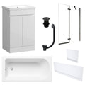 Waterproof 500mm Vanity Unit with Single Ended Bath, Gloss White Panels, Matt Black Screen, Bath & Slotted Basin Waste