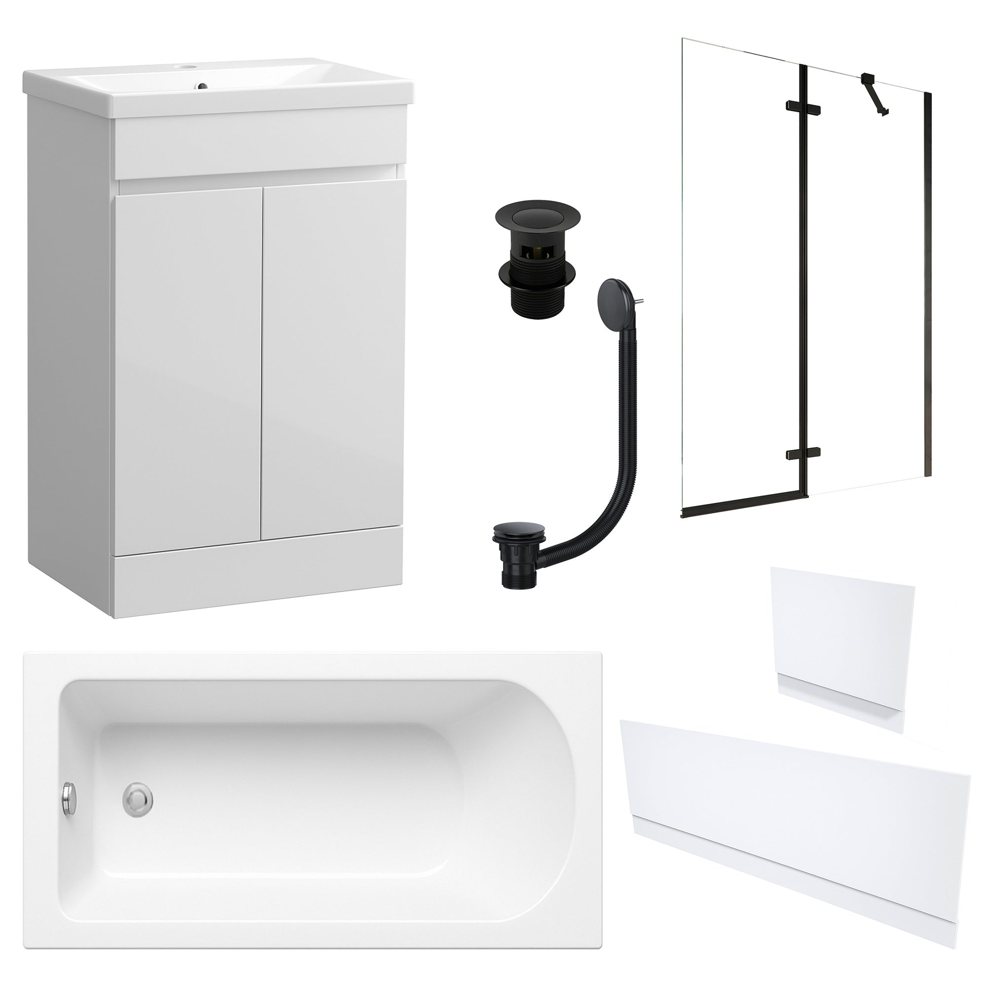 Waterproof 500mm Vanity Unit with Single Ended Bath, Gloss White Panels, Matt Black Screen, Bath & Slotted Basin Waste