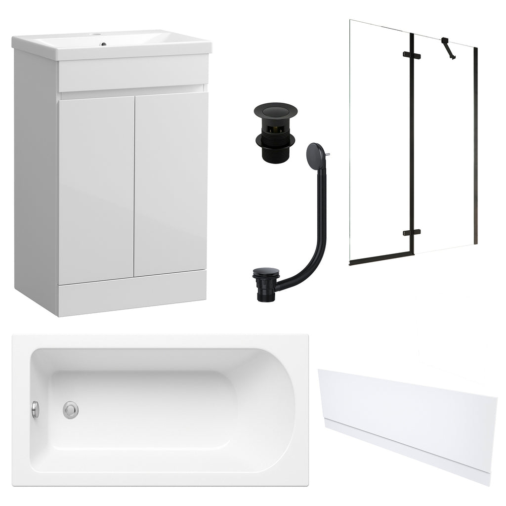 Waterproof 500mm Vanity Unit with Single Ended Bath, Gloss White Front Panel, Matt Black Screen, Bath & Slotted Basin Waste