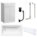 Waterproof 500mm Vanity Unit with Single Ended Bath, Gloss White Front Panel, Matt Black Screen, Bath & Slotted Basin Waste