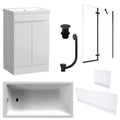 Waterproof 500mm Vanity Unit with Single Ended Bath, Gloss White Panels, Matt Black Screen, Bath & Slotted Basin Waste