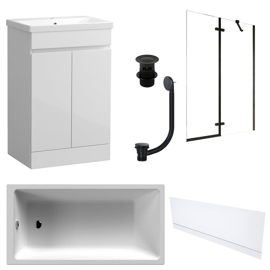 Waterproof 500mm Vanity Unit with Single Ended Bath, Gloss White Front Panel, Matt Black Screen, Bath & Slotted Basin Waste