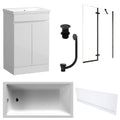 Waterproof 500mm Vanity Unit with Single Ended Bath, Gloss White Front Panel, Matt Black Screen, Bath & Slotted Basin Waste