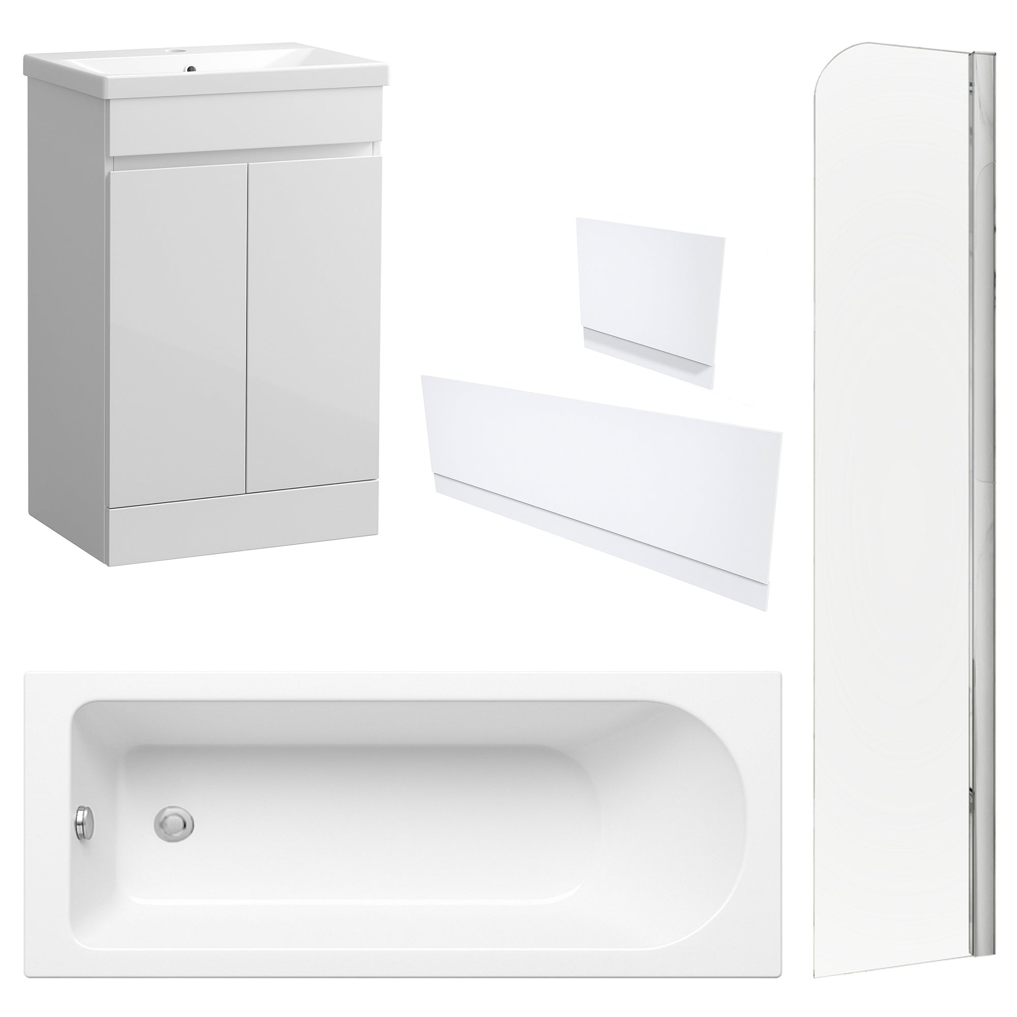 Waterproof 500mm Vanity Unit with Single Ended Bath, Gloss White Panels & Chrome Profile Bath Screen