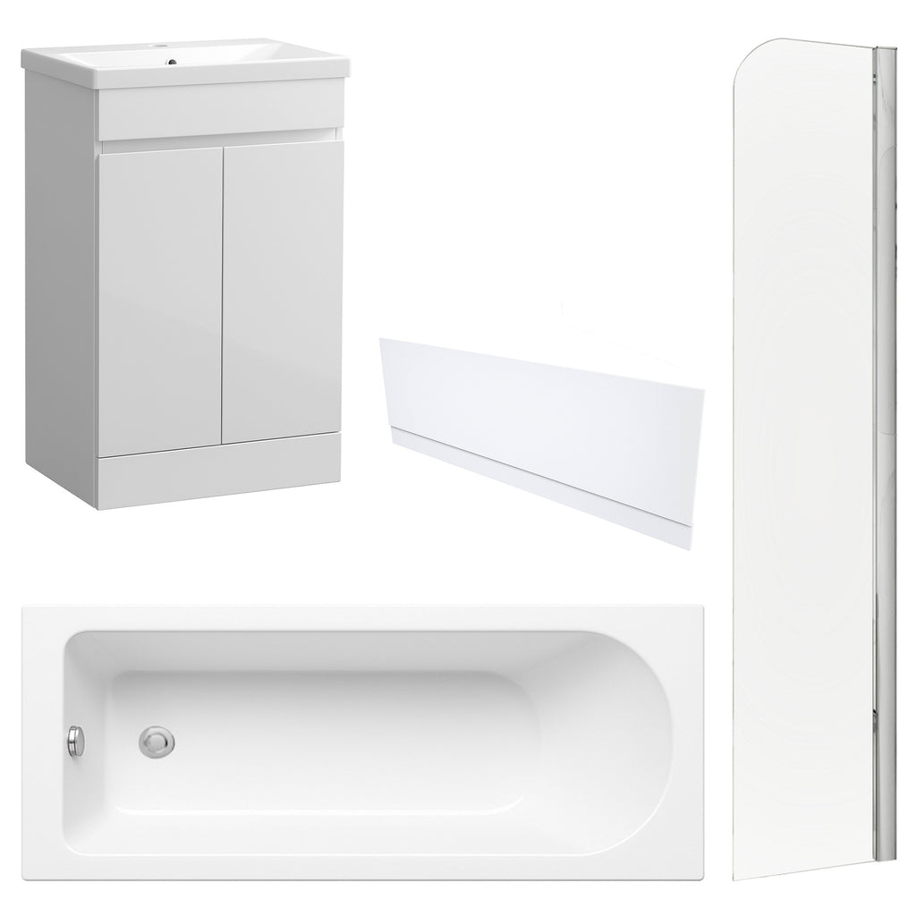 Waterproof 500mm Vanity Unit with Single Ended Bath, Gloss White Front Panel & Chrome Profile Bath Screen