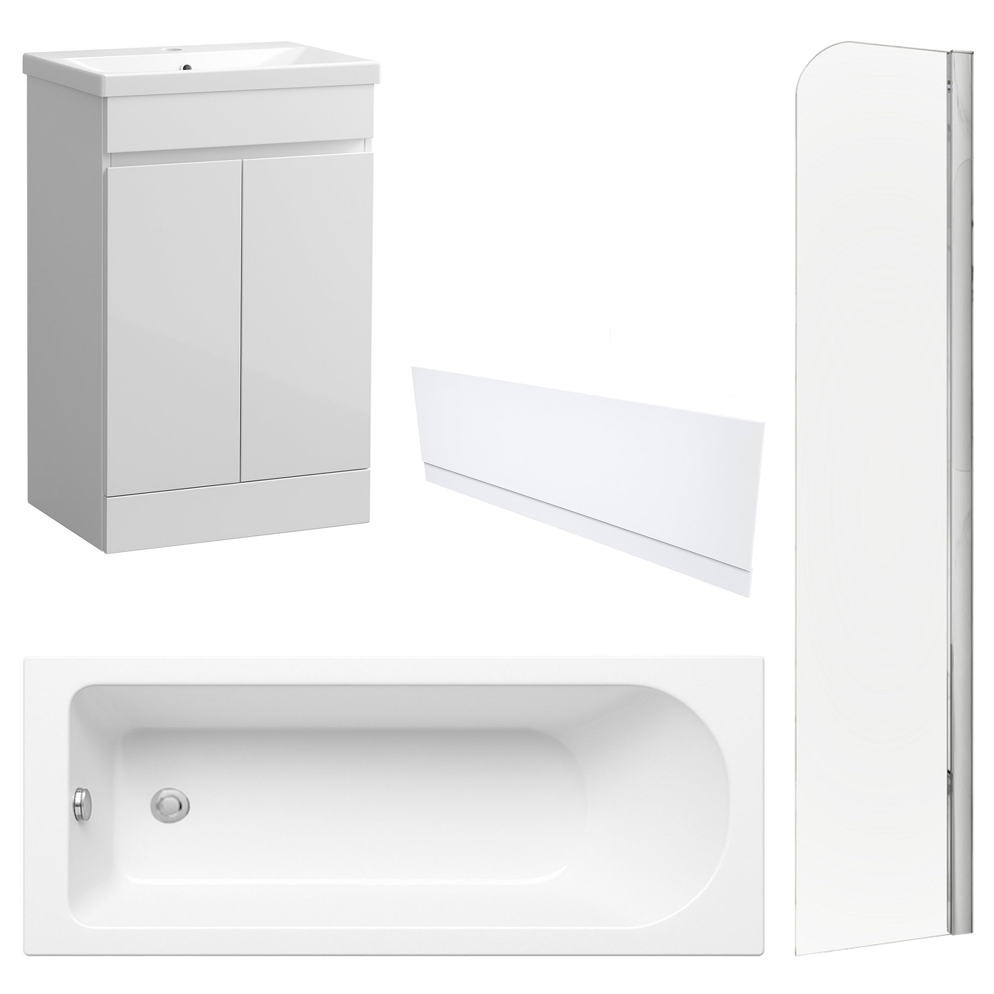 Waterproof 500mm Vanity Unit with Single Ended Bath, Gloss White Front Panel & Chrome Profile Bath Screen
