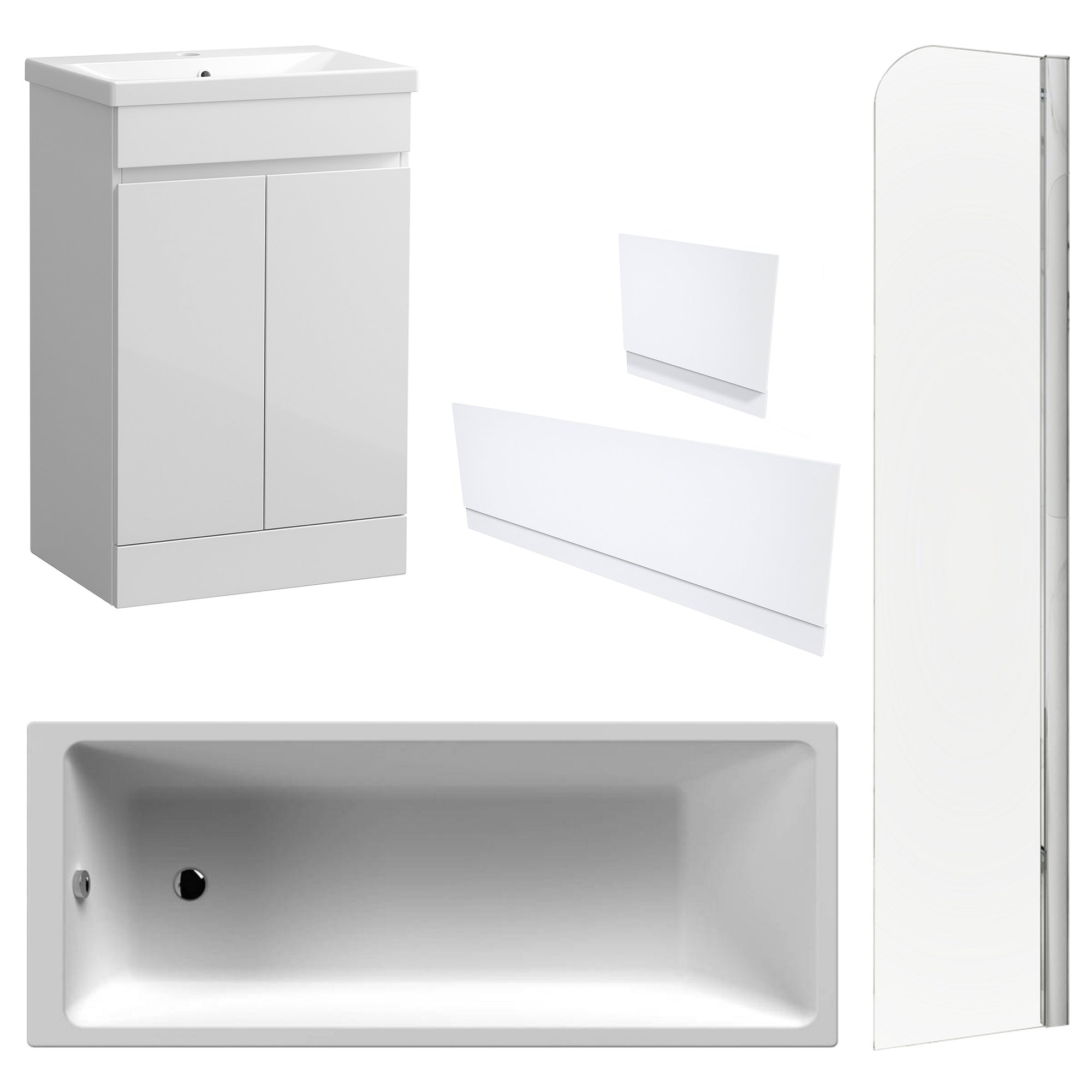 Waterproof 500mm Vanity Unit with Single Ended Bath, Gloss White Panels & Chrome Profile Bath Screen