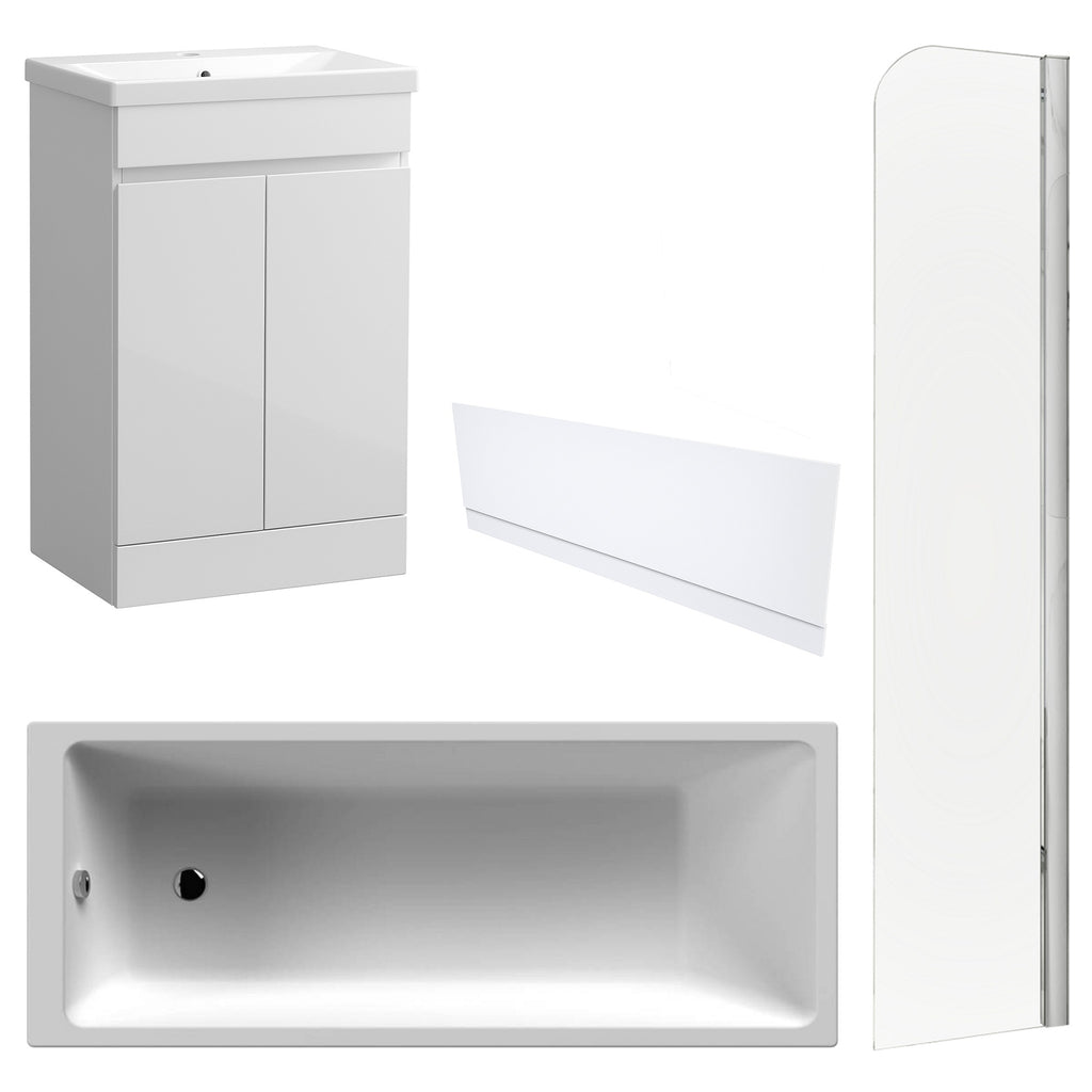 Waterproof 500mm Vanity Unit with Single Ended Bath, Gloss White Front Panel & Chrome Profile Bath Screen