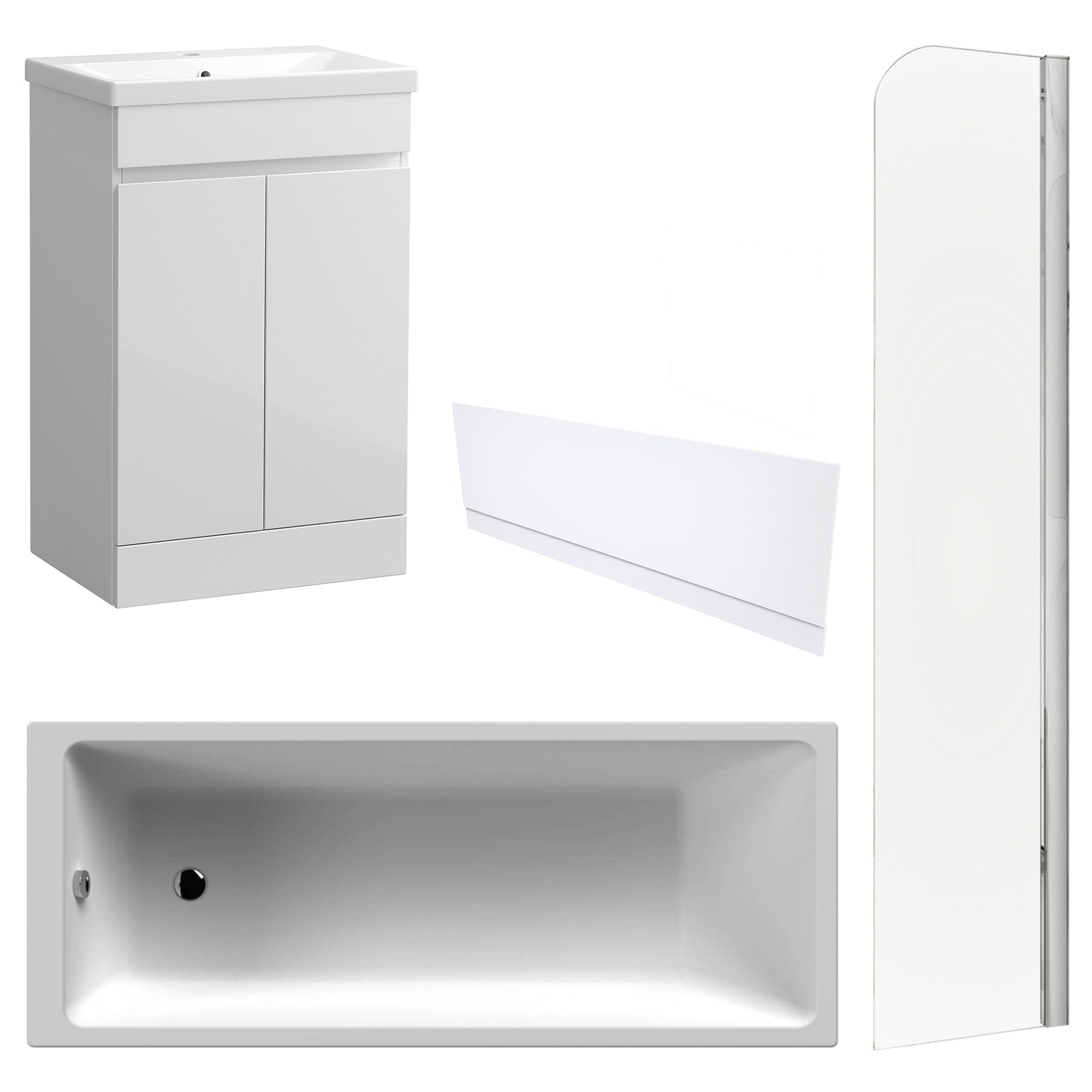 Waterproof 500mm Vanity Unit with Single Ended Bath, Gloss White Front Panel & Chrome Profile Bath Screen