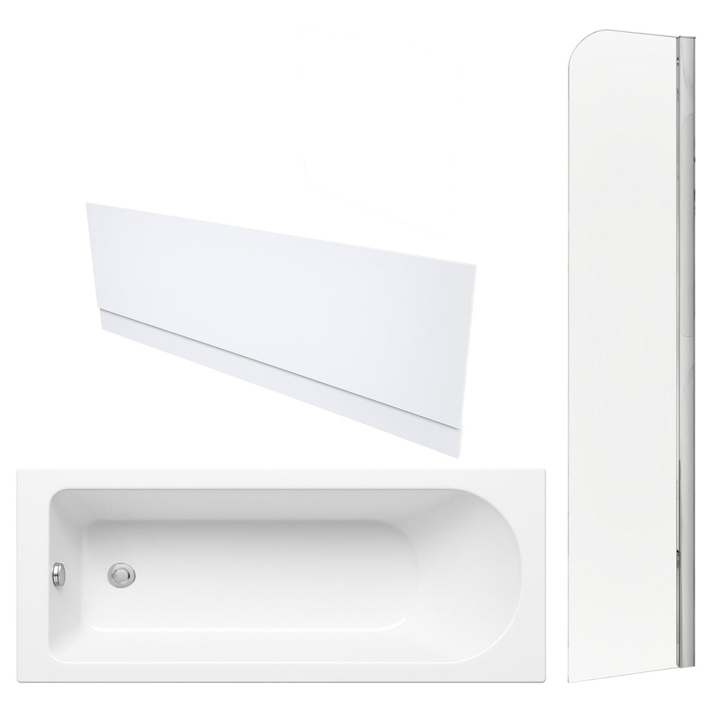 Single Ended Bath, Gloss White Front Panel & Chrome Profile Bath Screen