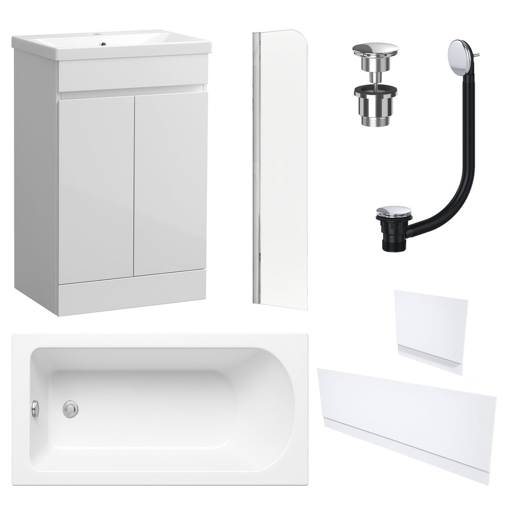 Waterproof 500mm Vanity Unit with Single Ended Bath, Gloss White Panels, Chrome Screen, Bath & Universal Basin Waste