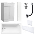 Waterproof 500mm Vanity Unit with Single Ended Bath, Gloss White Panels, Chrome Screen, Bath & Universal Basin Waste