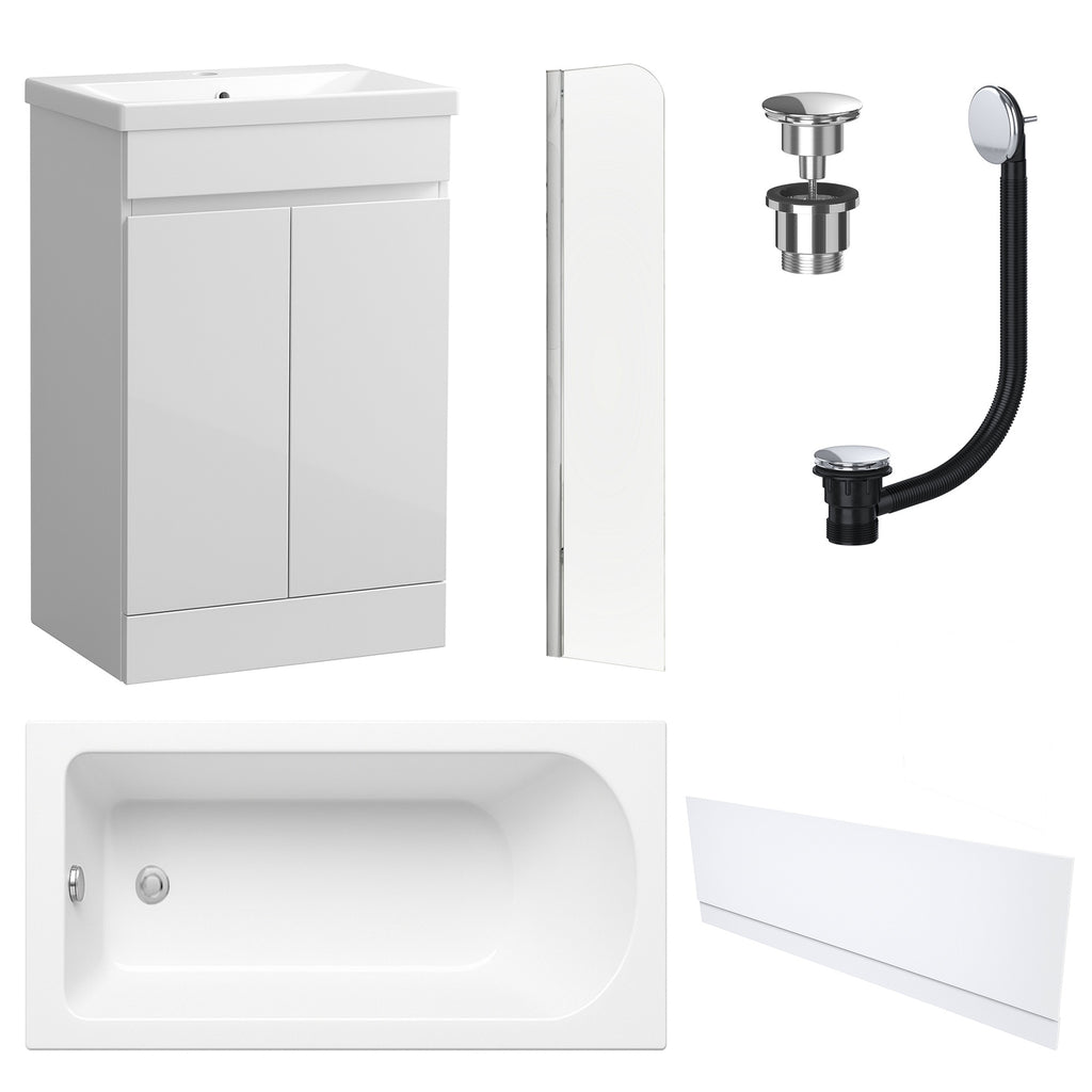 Waterproof 500mm Vanity Unit with Single Ended Bath, Gloss White Front Panel, Chrome Screen, Bath & Universal Basin Waste