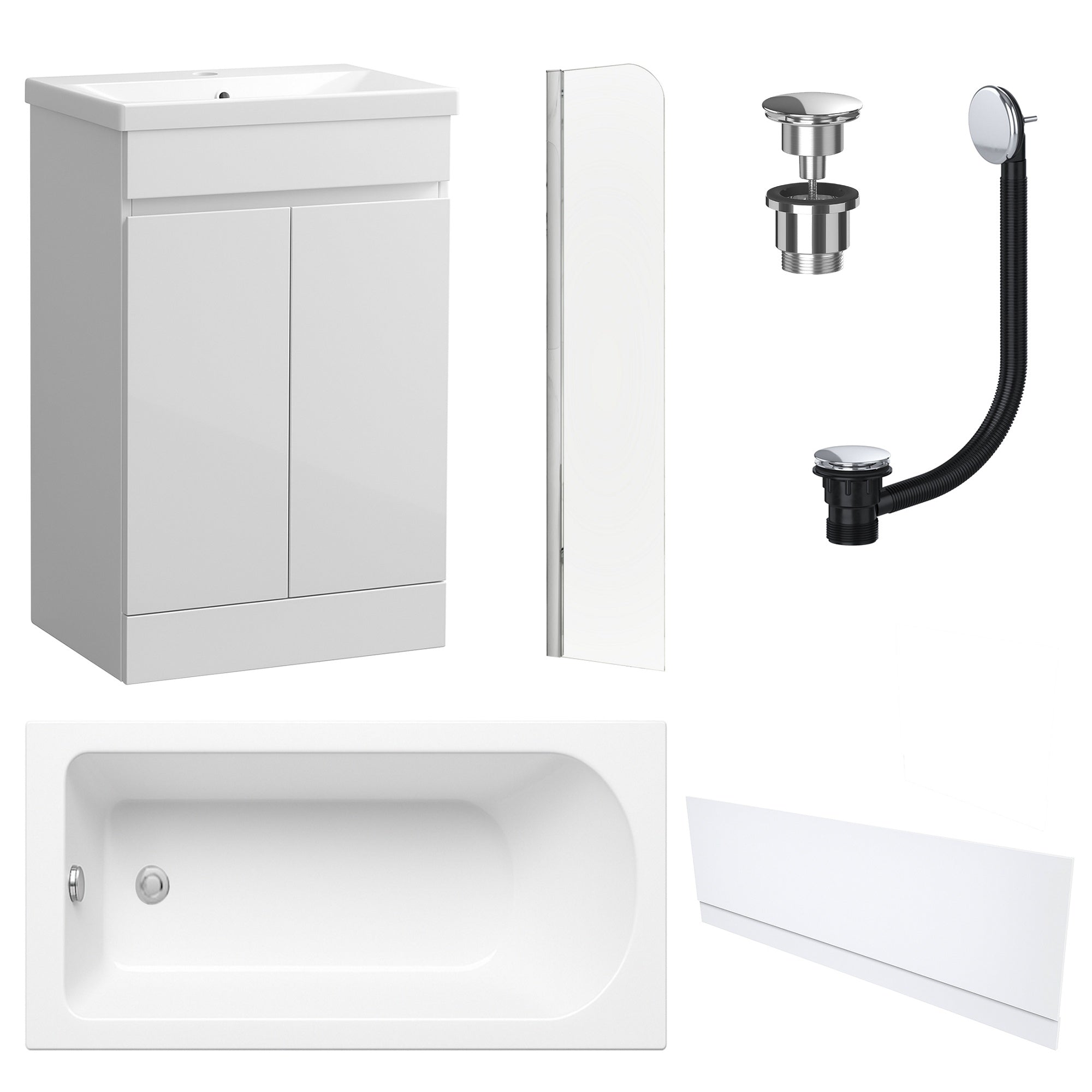 Waterproof 500mm Vanity Unit with Single Ended Bath, Gloss White Front Panel, Chrome Screen, Bath & Universal Basin Waste