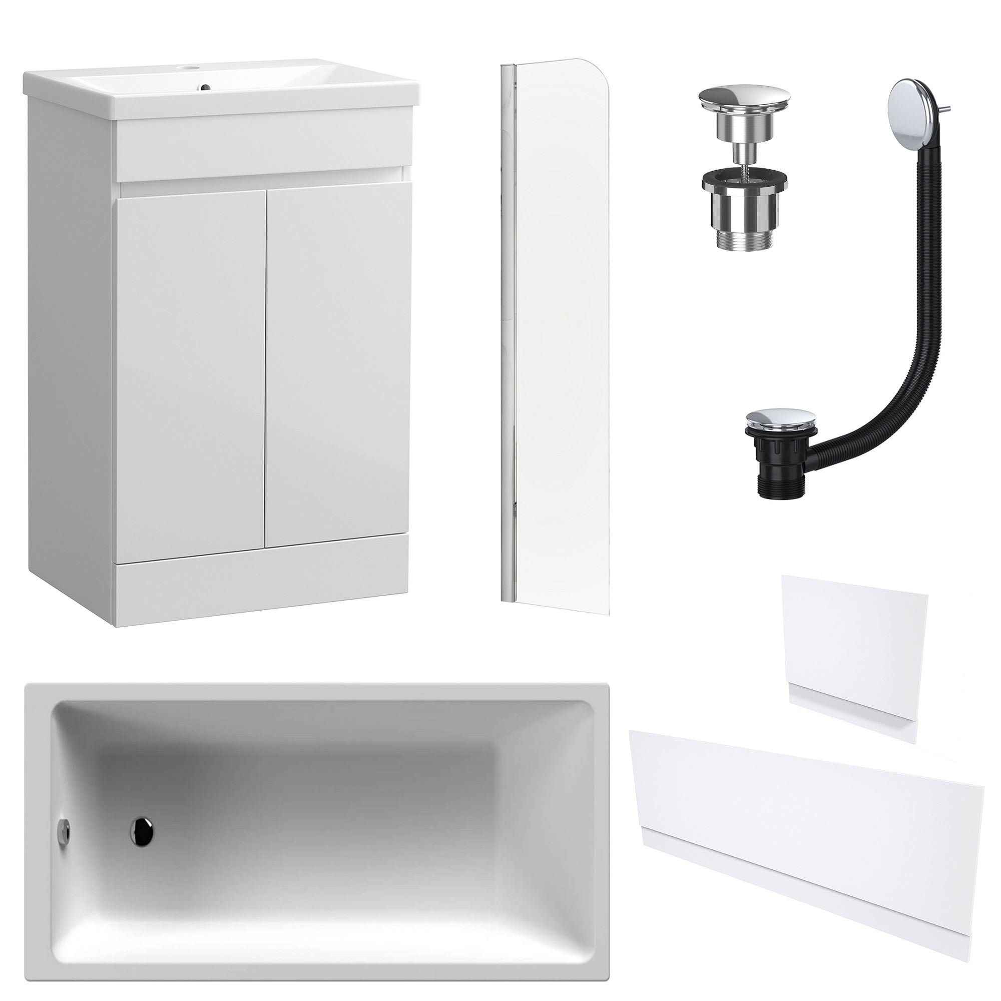 Waterproof 500mm Vanity Unit with Single Ended Bath, Gloss White Panels, Chrome Screen, Bath & Universal Basin Waste