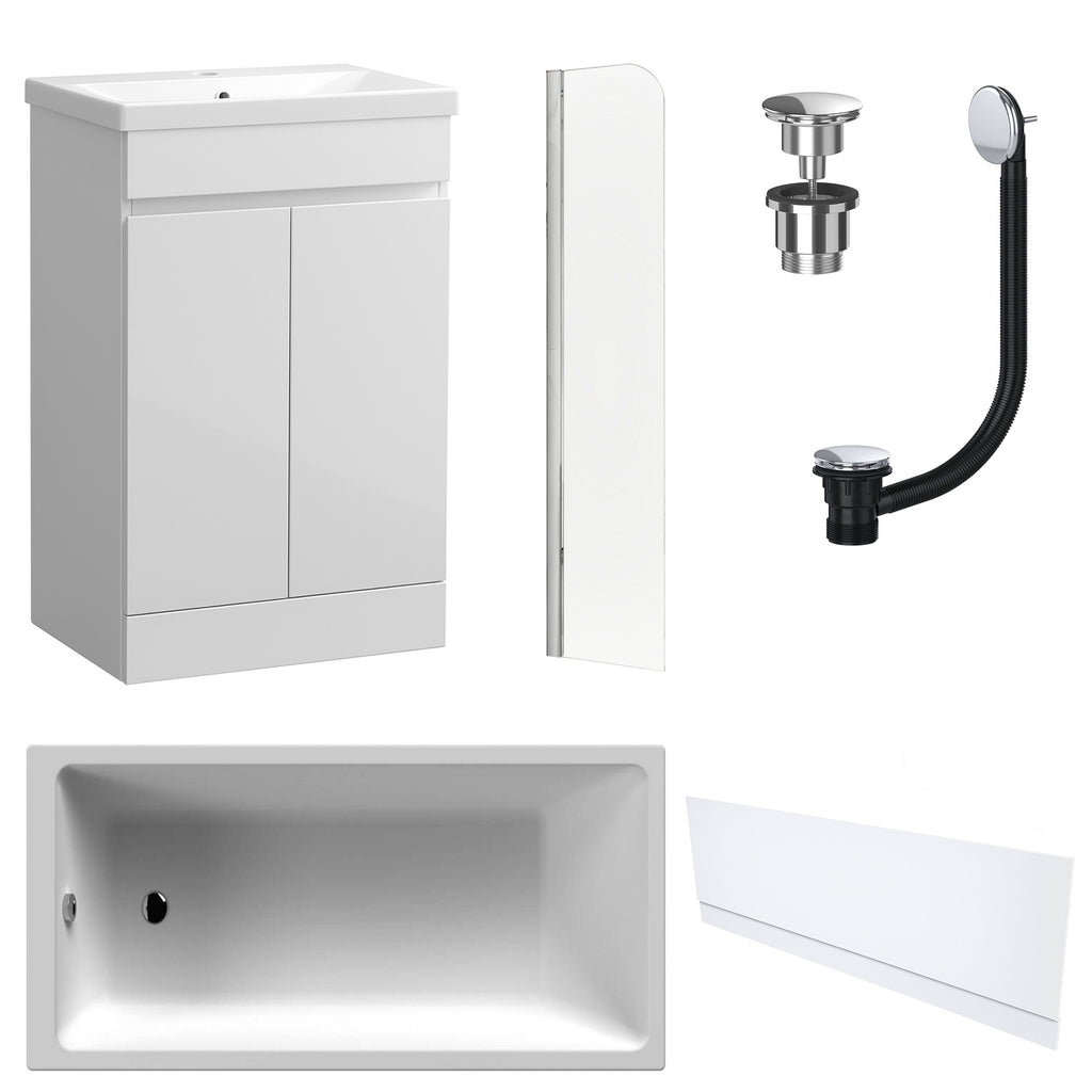 Waterproof 500mm Vanity Unit with Single Ended Bath, Gloss White Front Panel, Chrome Screen, Bath & Universal Basin Waste