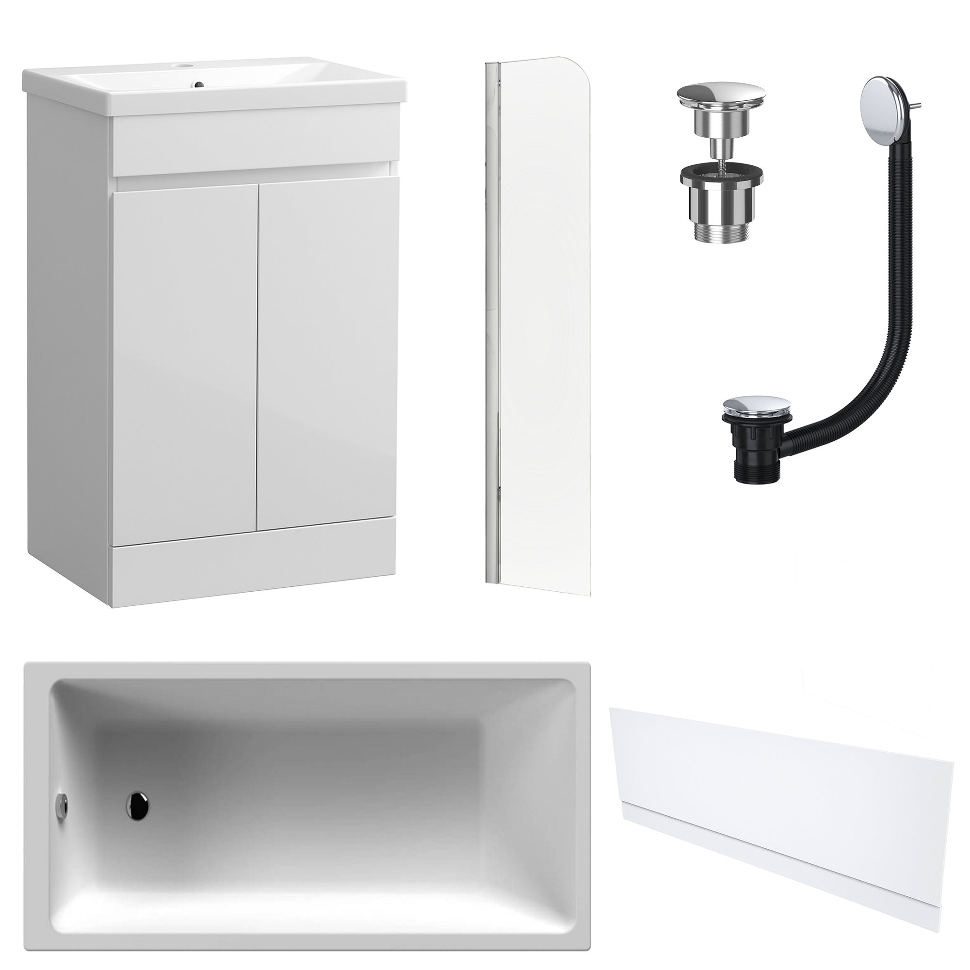 Waterproof 500mm Vanity Unit with Single Ended Bath, Gloss White Front Panel, Chrome Screen, Bath & Universal Basin Waste