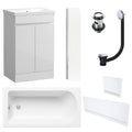 Waterproof 500mm Vanity Unit with Single Ended Bath, Gloss White Panels, Chrome Screen, Bath & Slotted Basin Waste
