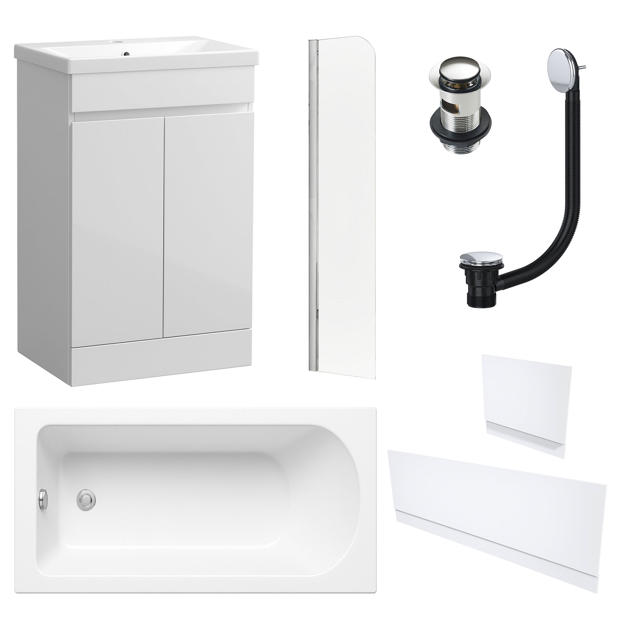Waterproof 500mm Vanity Unit with Single Ended Bath, Gloss White Panels, Chrome Screen, Bath & Slotted Basin Waste