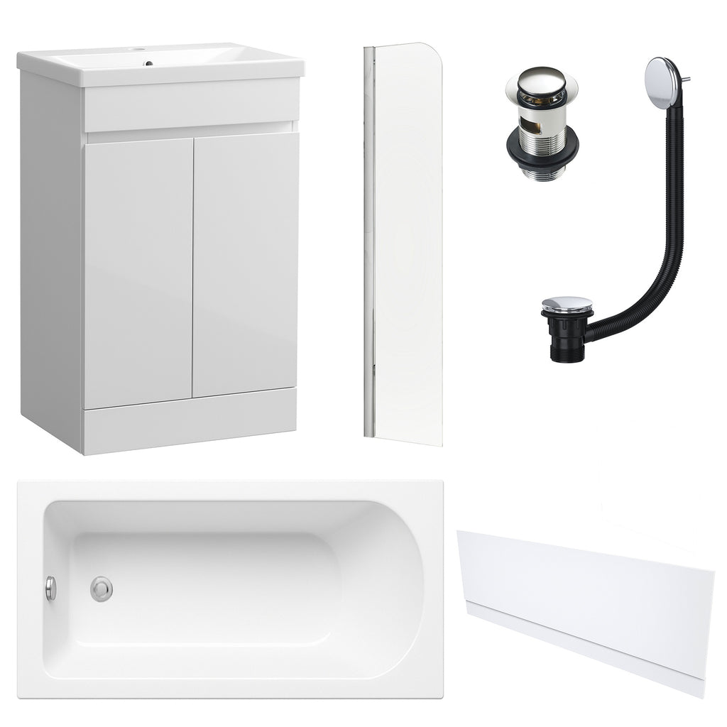 Waterproof 500mm Vanity Unit with Single Ended Bath, Gloss White Front Panel, Chrome Screen, Bath & Slotted Basin Waste