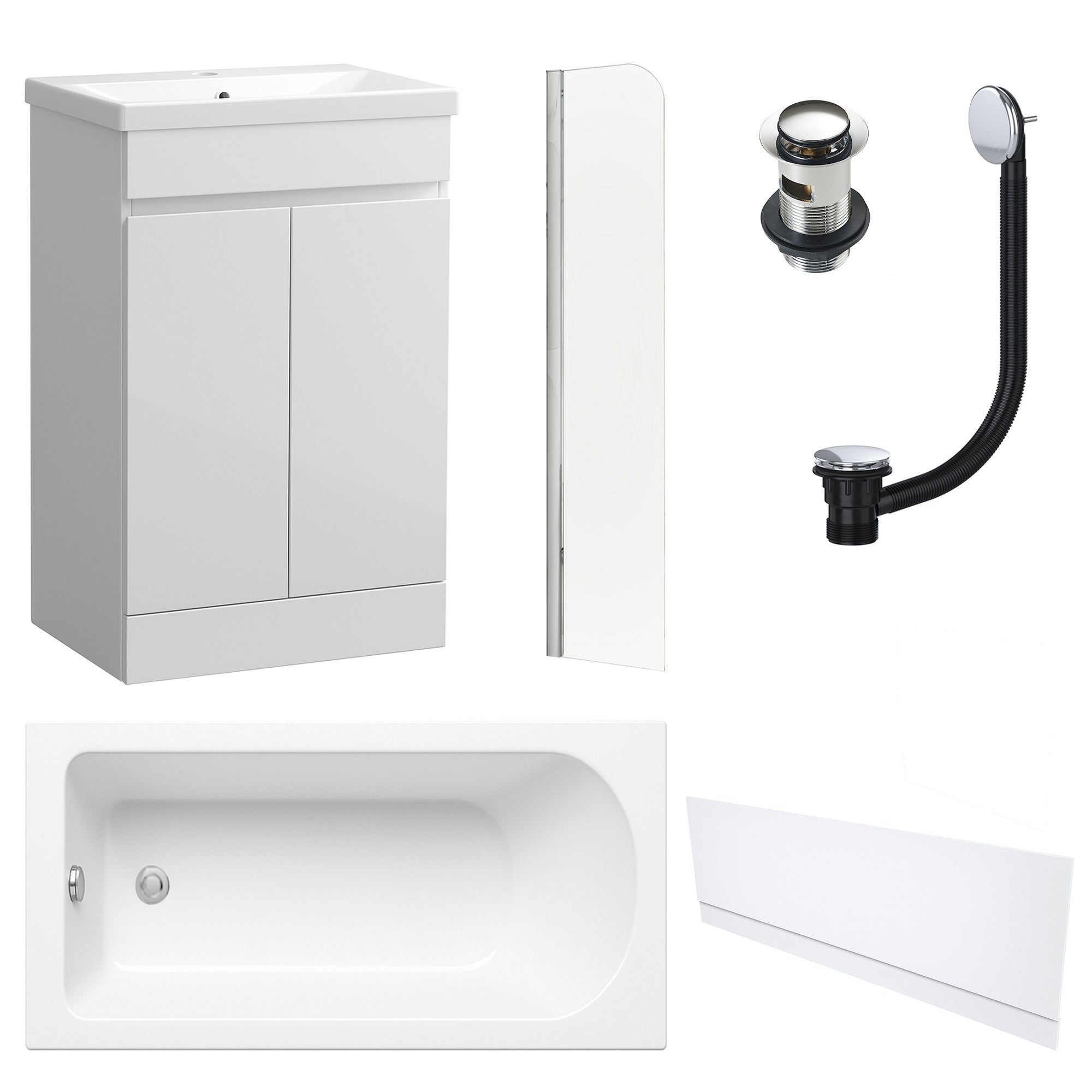 Waterproof 500mm Vanity Unit with Single Ended Bath, Gloss White Front Panel, Chrome Screen, Bath & Slotted Basin Waste