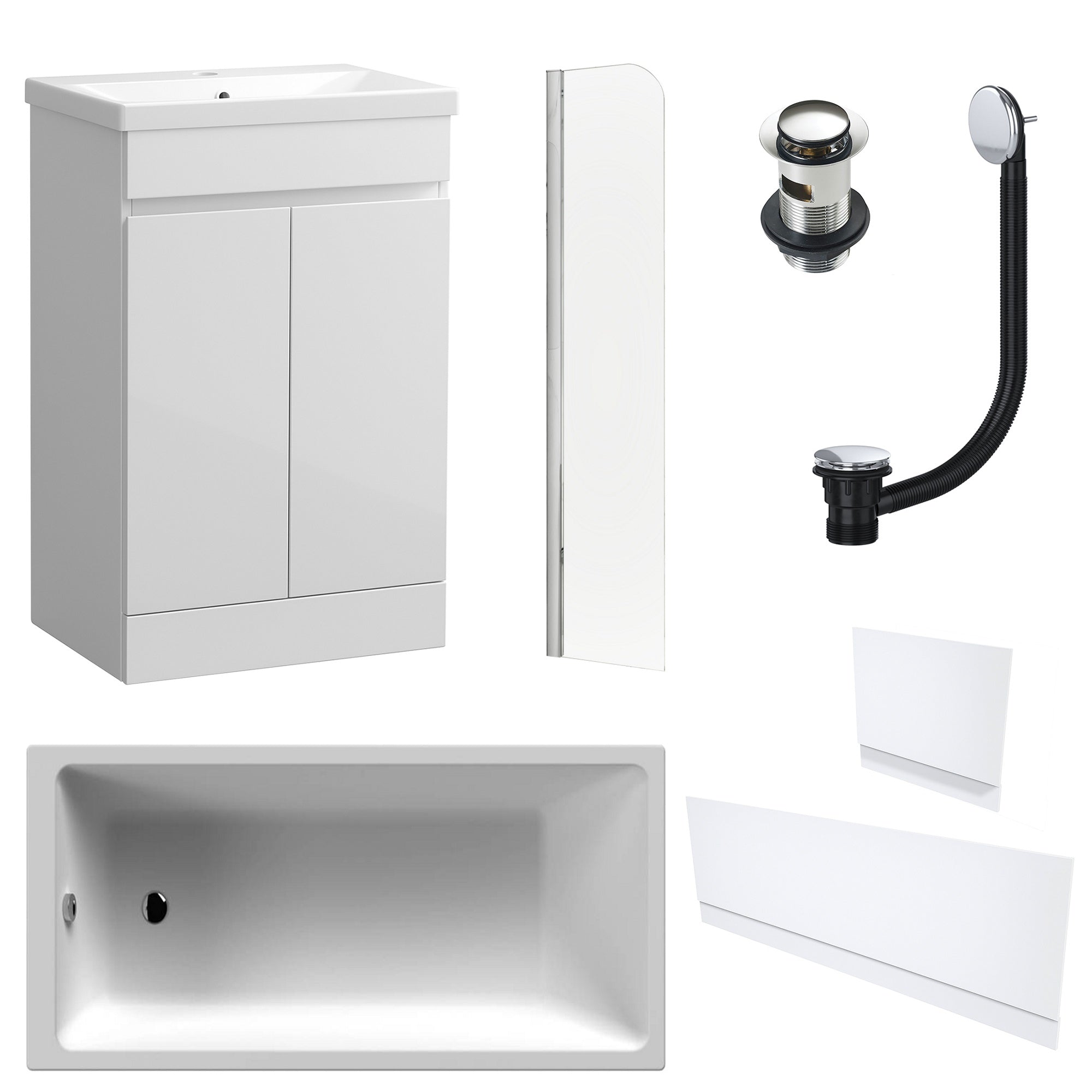 Waterproof 500mm Vanity Unit with Single Ended Bath, Gloss White Panels, Chrome Screen, Bath & Slotted Basin Waste