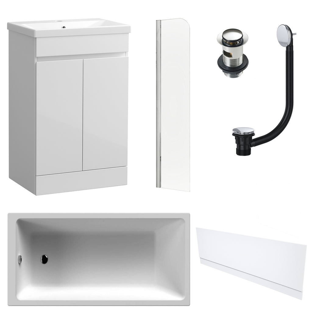 Waterproof 500mm Vanity Unit with Single Ended Bath, Gloss White Front Panel, Chrome Screen, Bath & Slotted Basin Waste