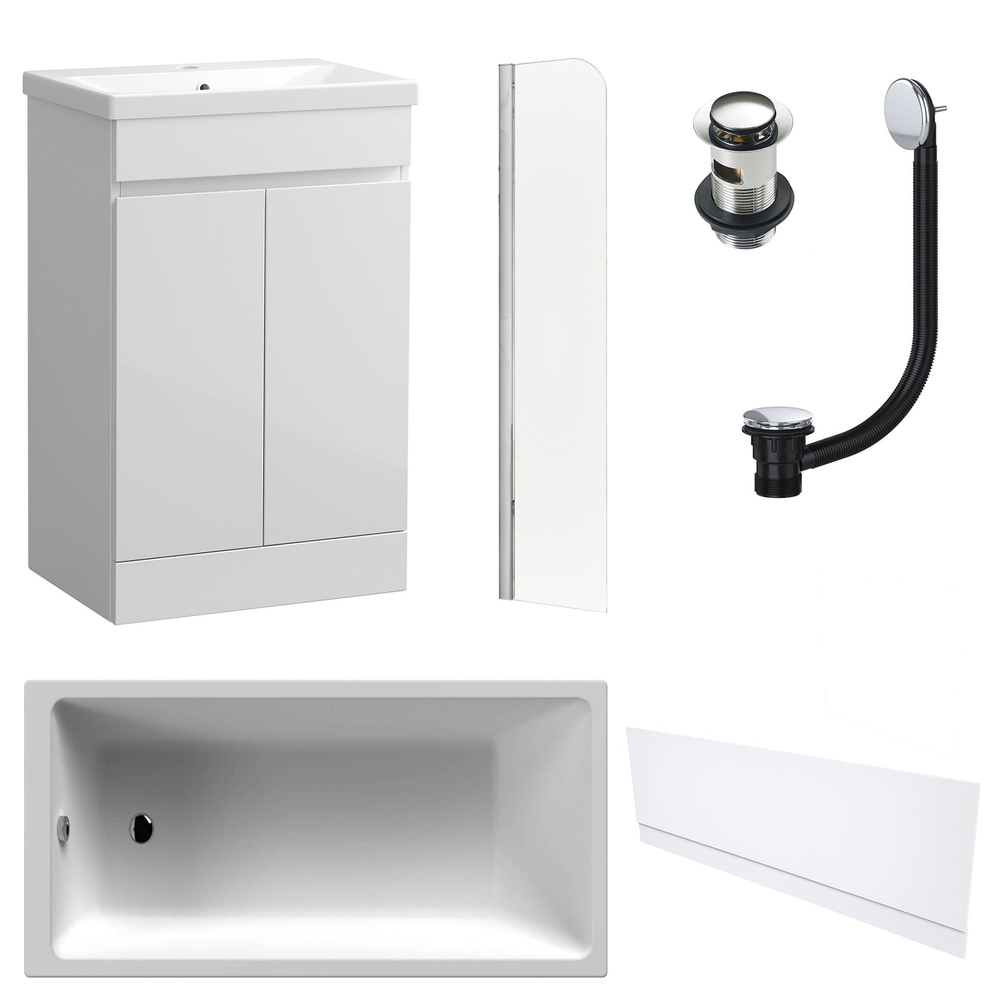 Waterproof 500mm Vanity Unit with Single Ended Bath, Gloss White Front Panel, Chrome Screen, Bath & Slotted Basin Waste