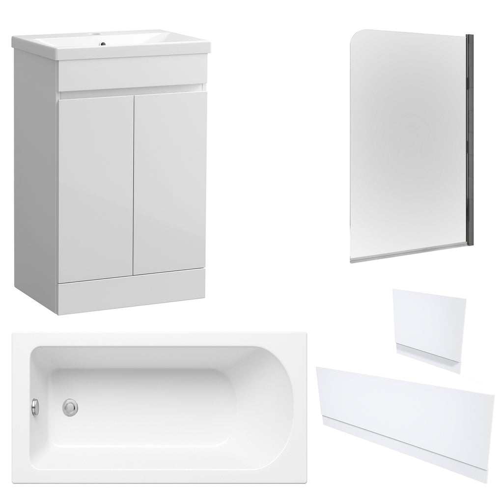 Waterproof 500mm Vanity Unit with Single Ended Bath, Gloss White Panels & Chrome Profile Bath Screen