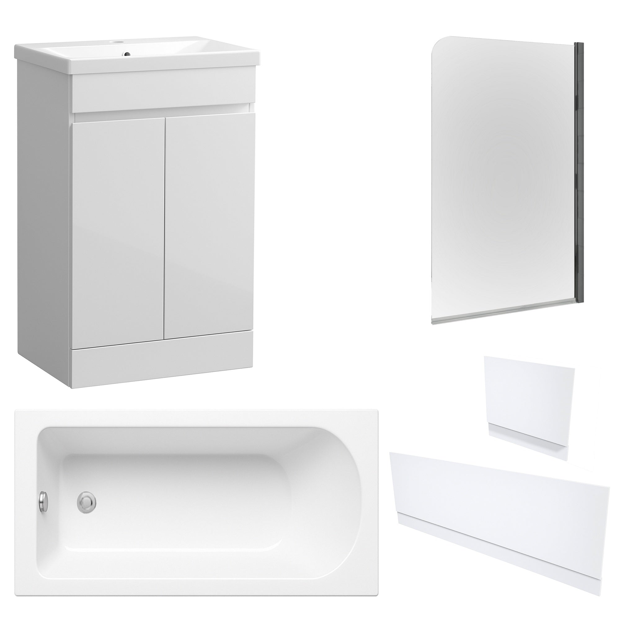 Waterproof 500mm Vanity Unit with Single Ended Bath, Gloss White Panels & Chrome Profile Bath Screen