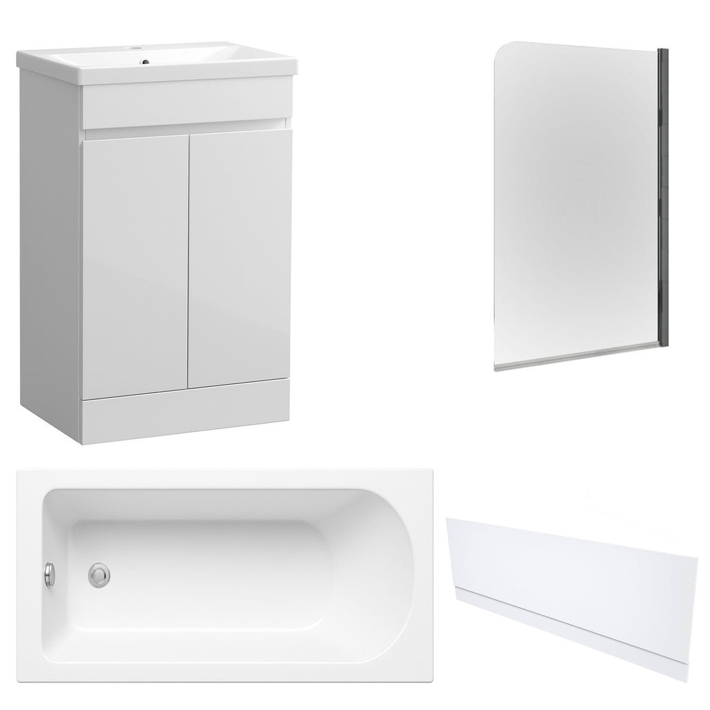 Waterproof 500mm Vanity Unit with Single Ended Bath, Gloss White Front Panel & Chrome Profile Bath Screen