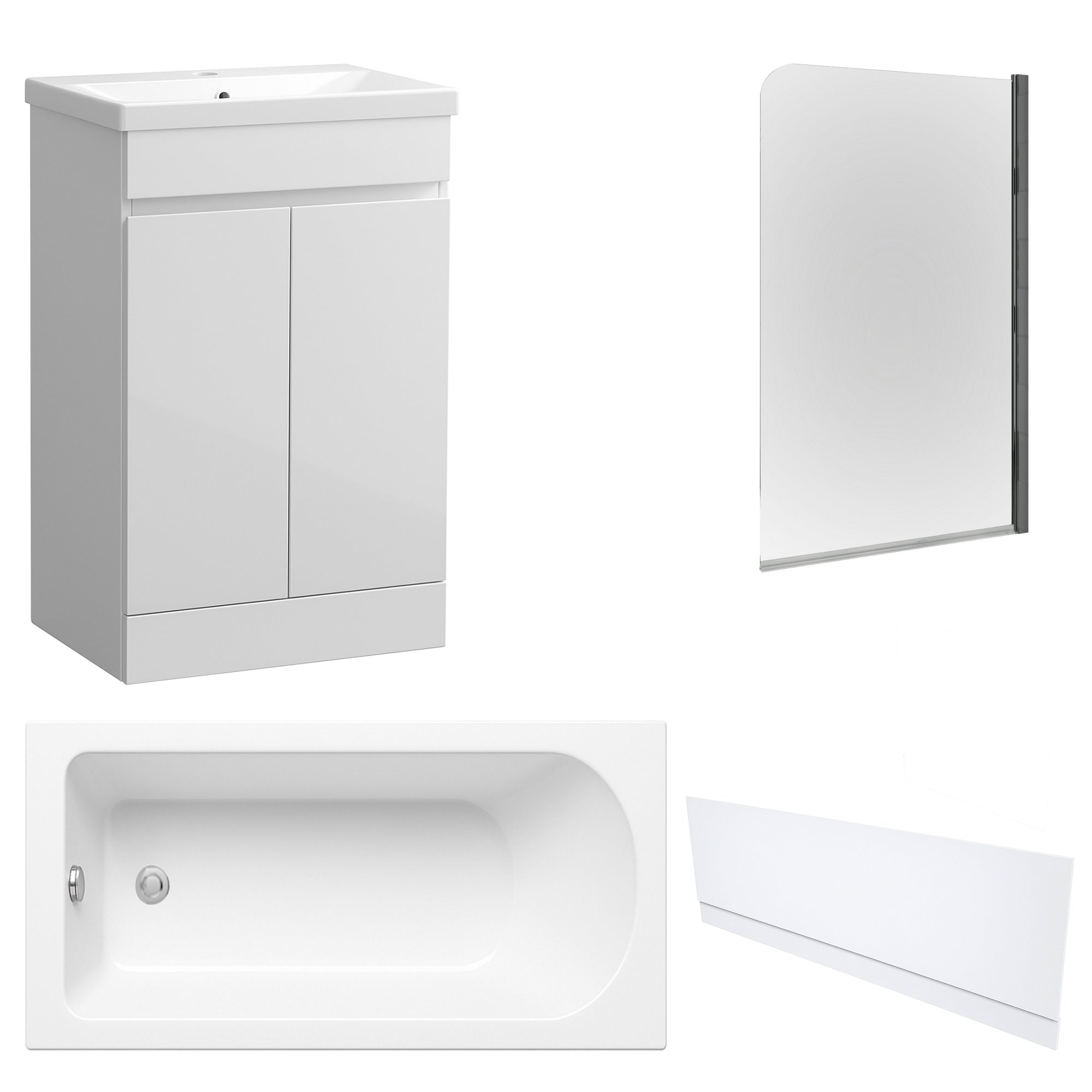 Waterproof 500mm Vanity Unit with Single Ended Bath, Gloss White Front Panel & Chrome Profile Bath Screen