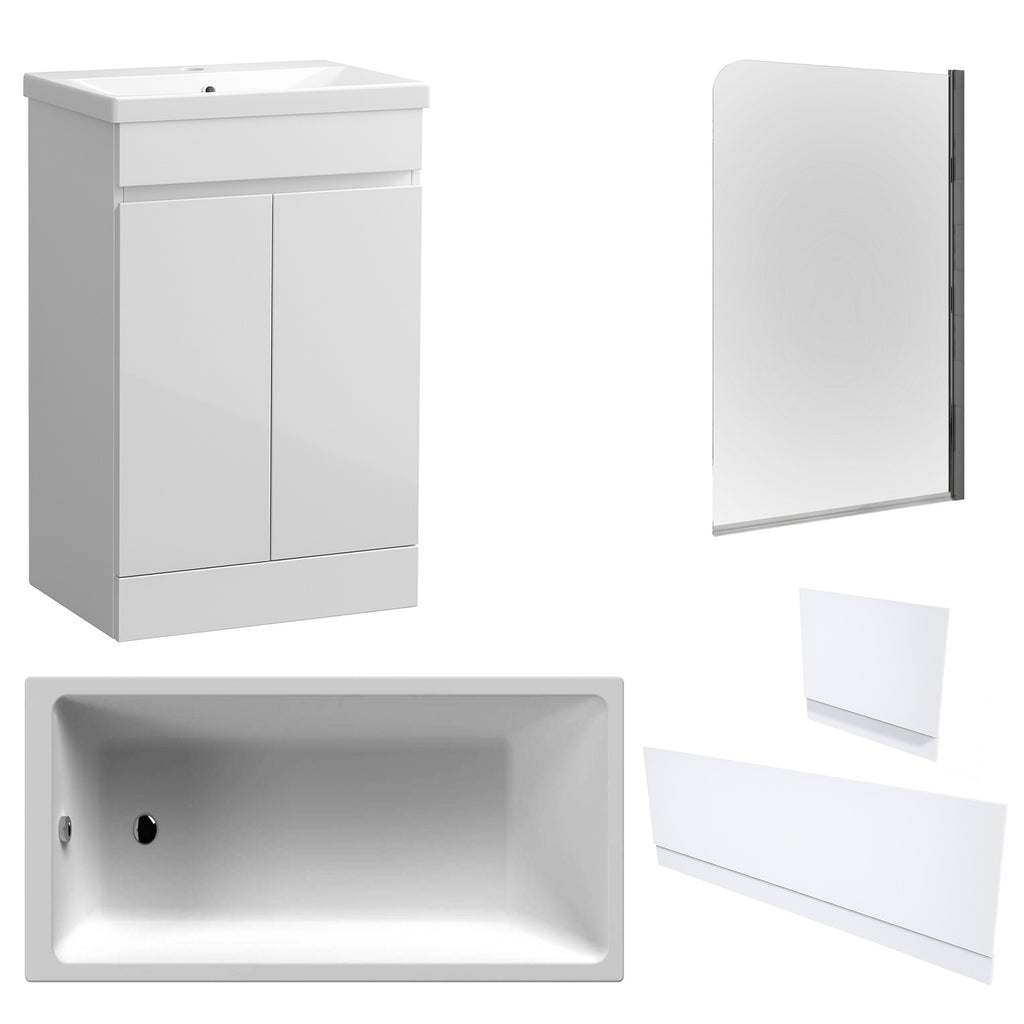 Waterproof 500mm Vanity Unit with Single Ended Bath, Gloss White Panels & Chrome Profile Bath Screen