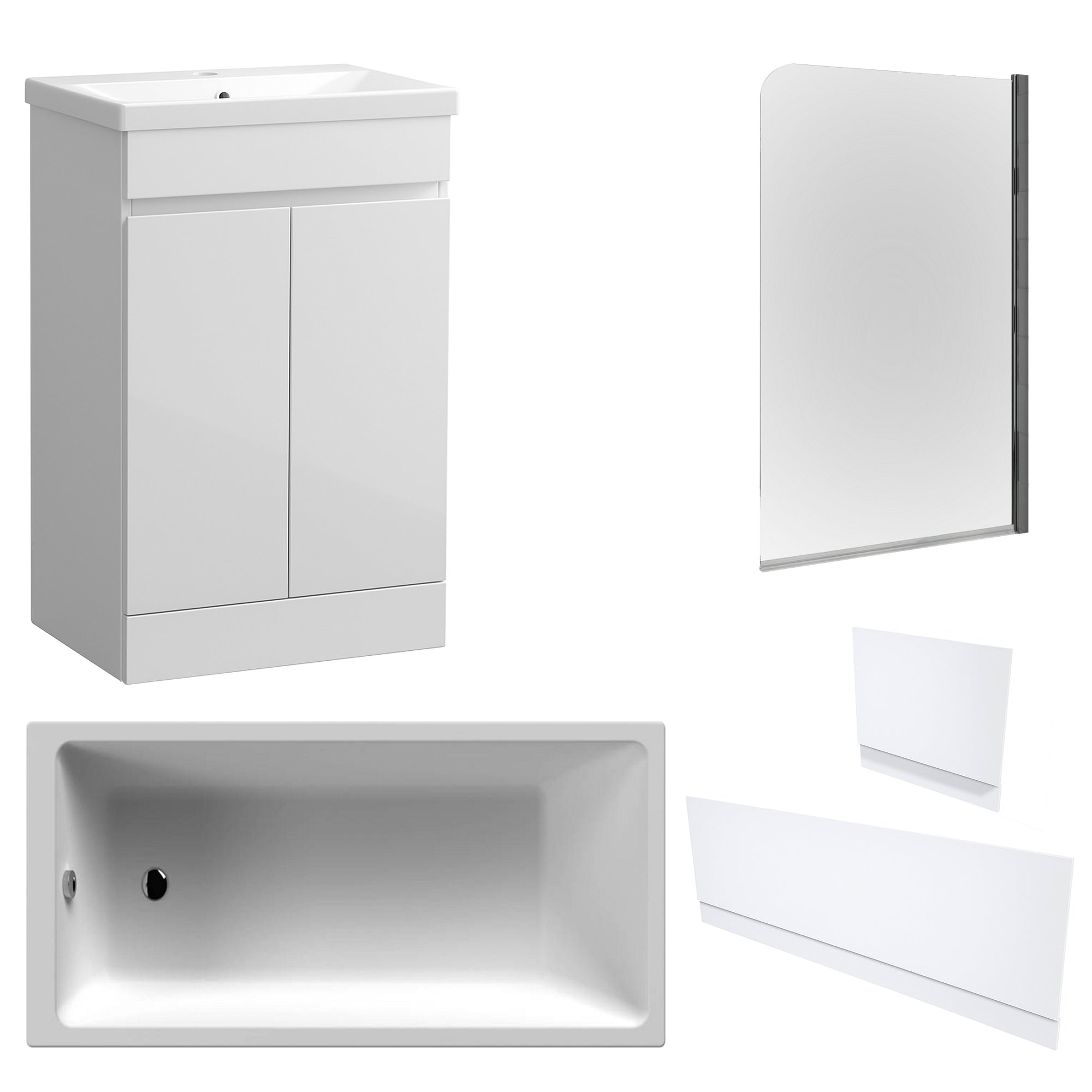 Waterproof 500mm Vanity Unit with Single Ended Bath, Gloss White Panels & Chrome Profile Bath Screen
