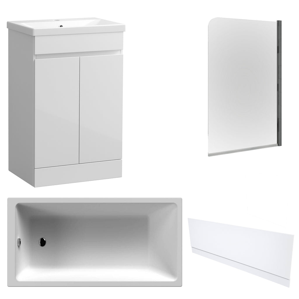 Waterproof 500mm Vanity Unit with Single Ended Bath, Gloss White Front Panel & Chrome Profile Bath Screen