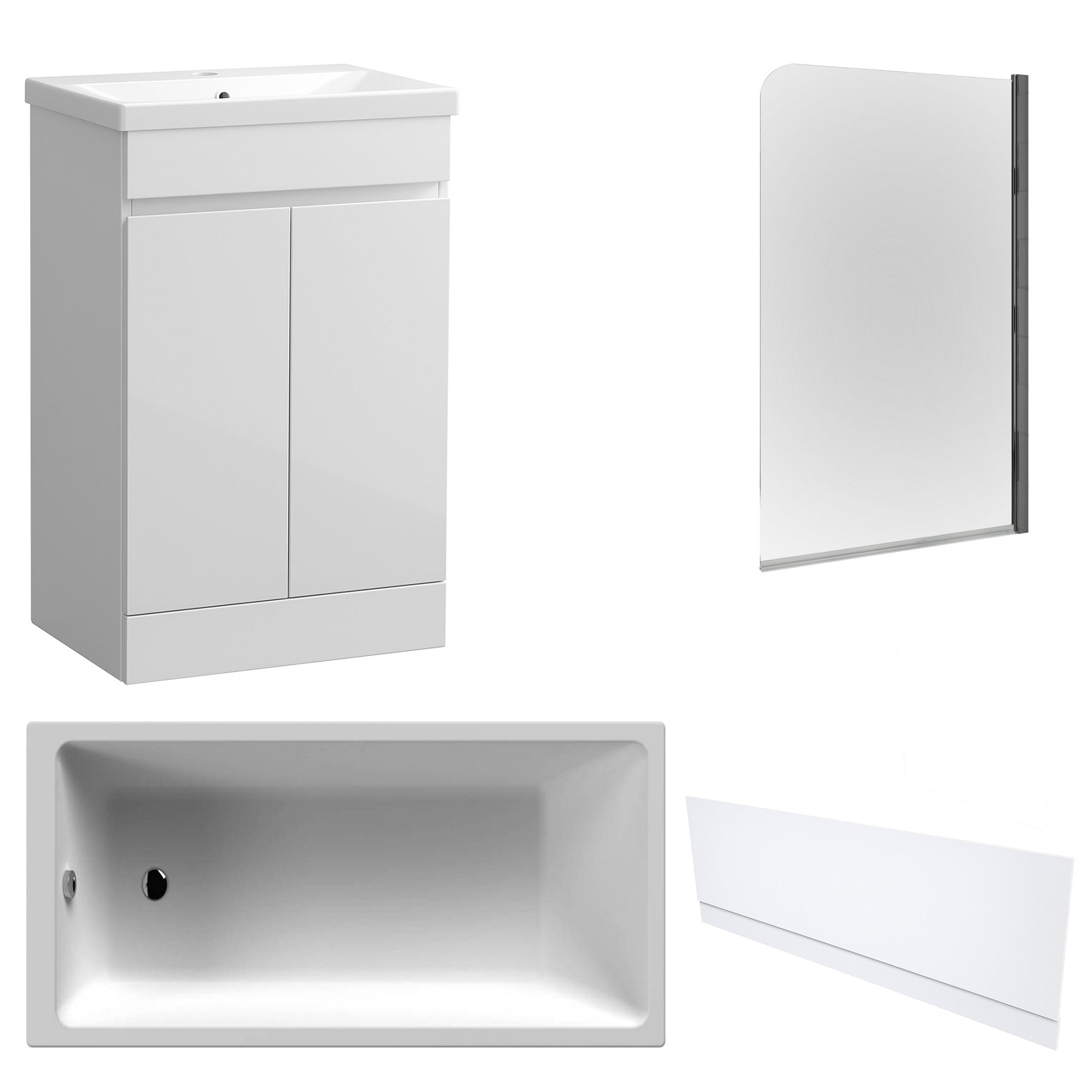 Waterproof 500mm Vanity Unit with Single Ended Bath, Gloss White Front Panel & Chrome Profile Bath Screen