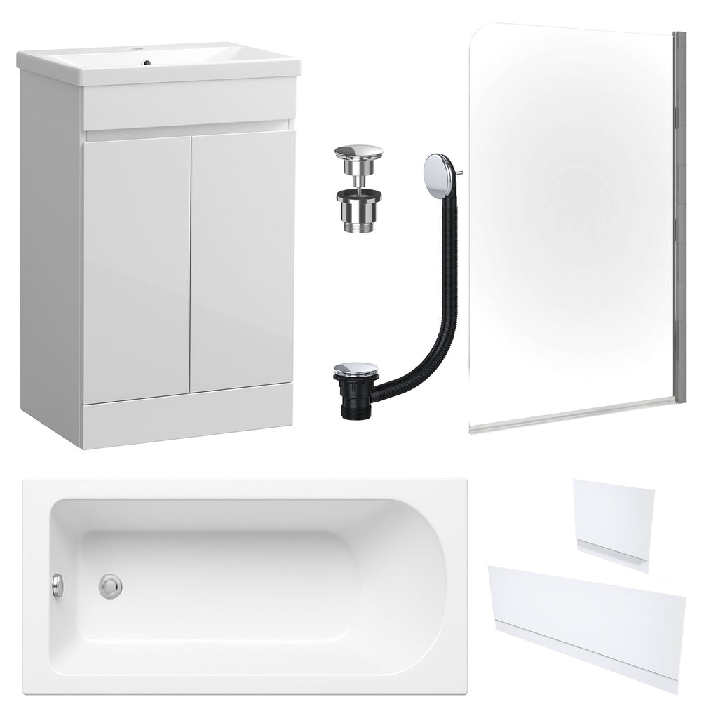 Waterproof 500mm Vanity Unit with Single Ended Bath, Gloss White Panels, Chrome Screen, Bath & Universal Basin Waste