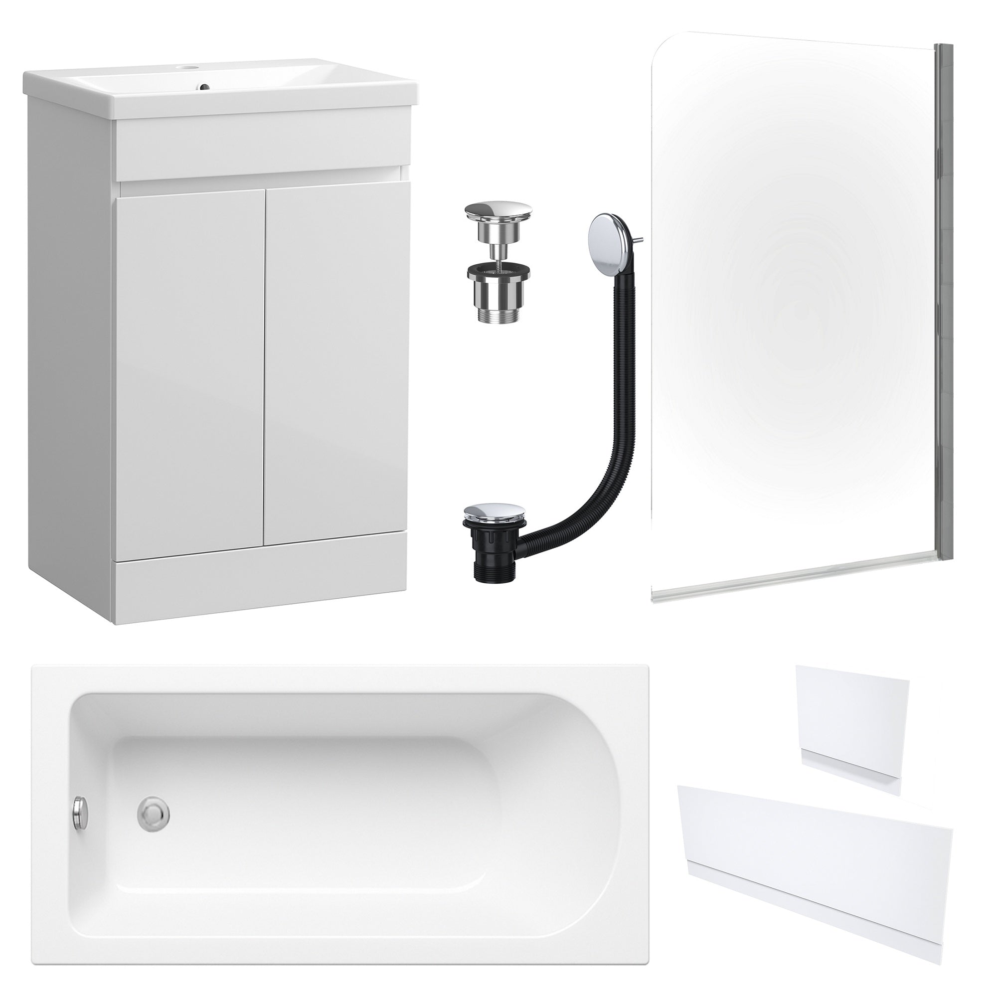 Waterproof 500mm Vanity Unit with Single Ended Bath, Gloss White Panels, Chrome Screen, Bath & Universal Basin Waste