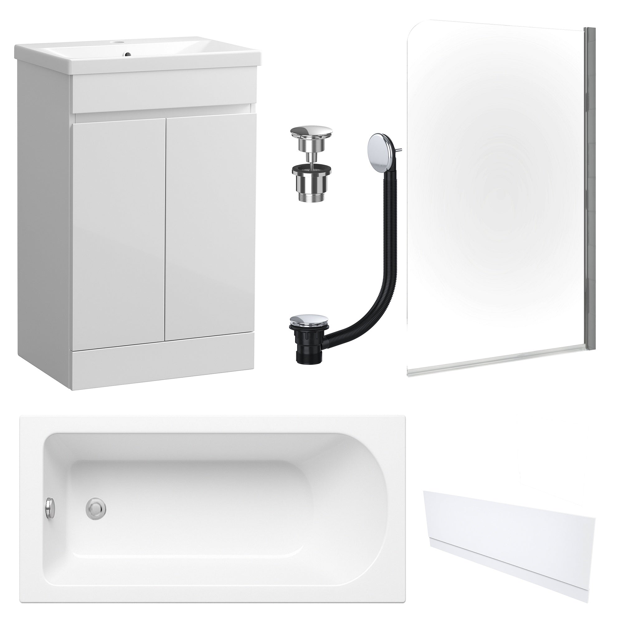 Waterproof 500mm Vanity Unit with Single Ended Bath, Gloss White Front Panel, Chrome Screen, Bath & Universal Basin Waste