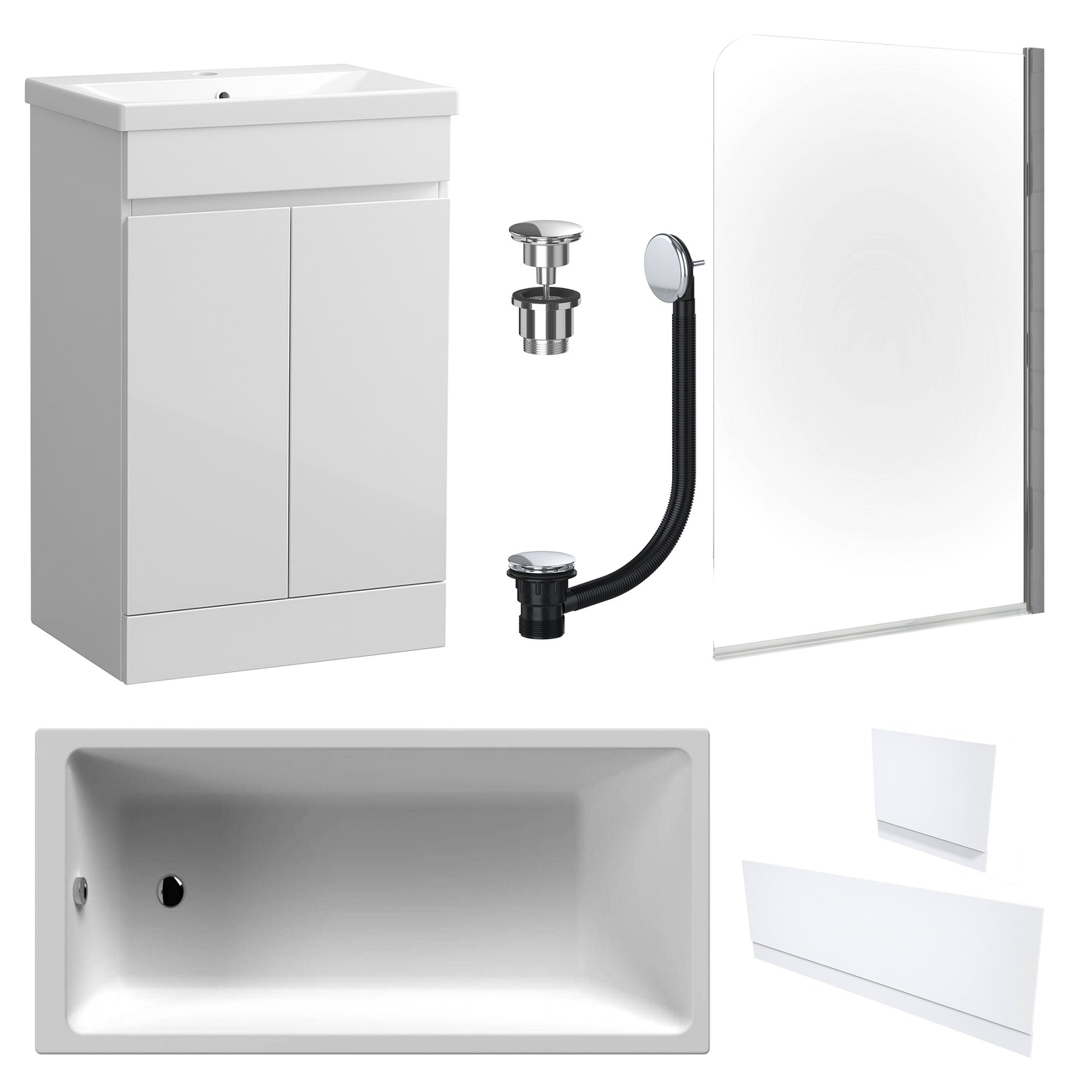 Waterproof 500mm Vanity Unit with Single Ended Bath, Gloss White Panels, Chrome Screen, Bath & Universal Basin Waste