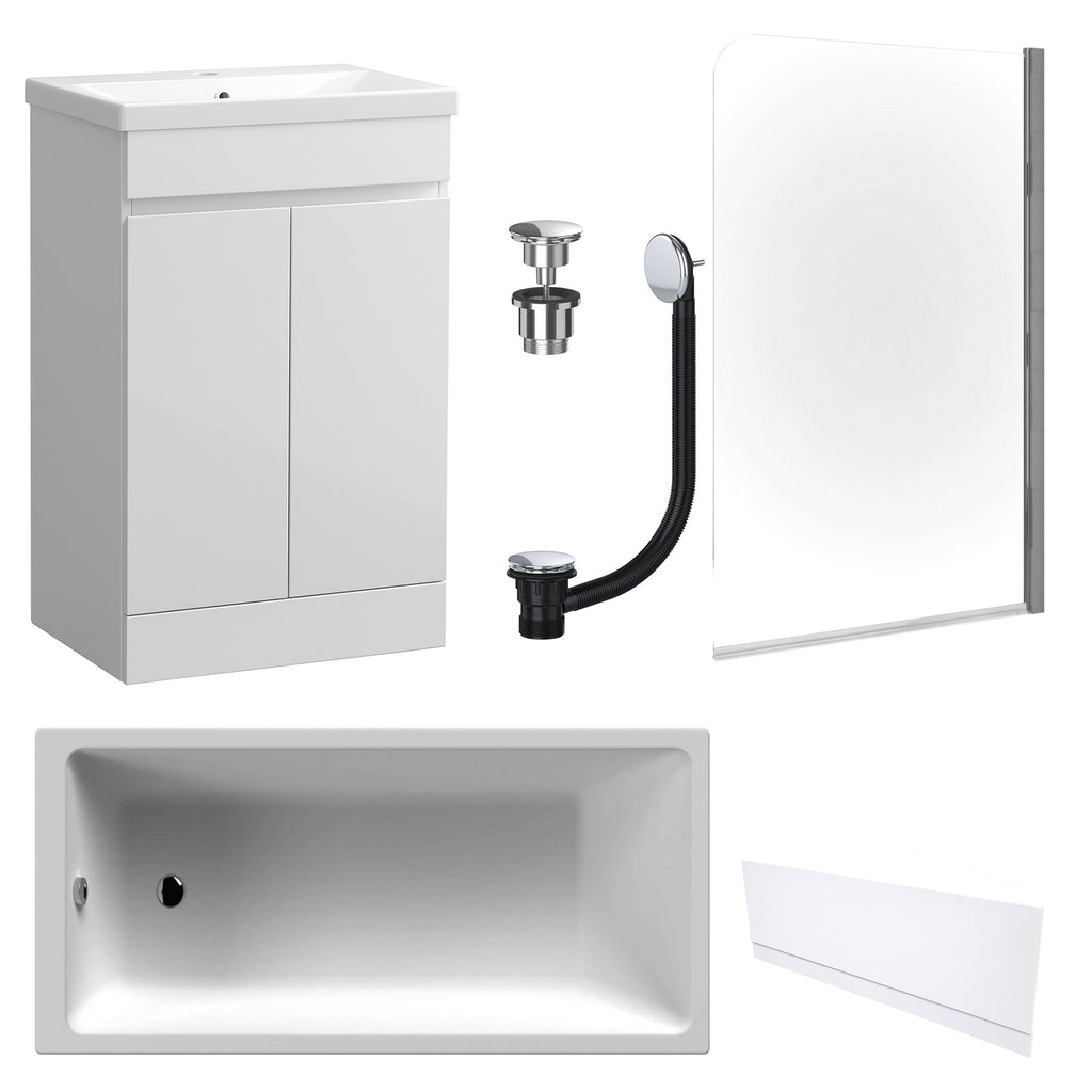 Waterproof 500mm Vanity Unit with Single Ended Bath, Gloss White Front Panel, Chrome Screen, Bath & Universal Basin Waste