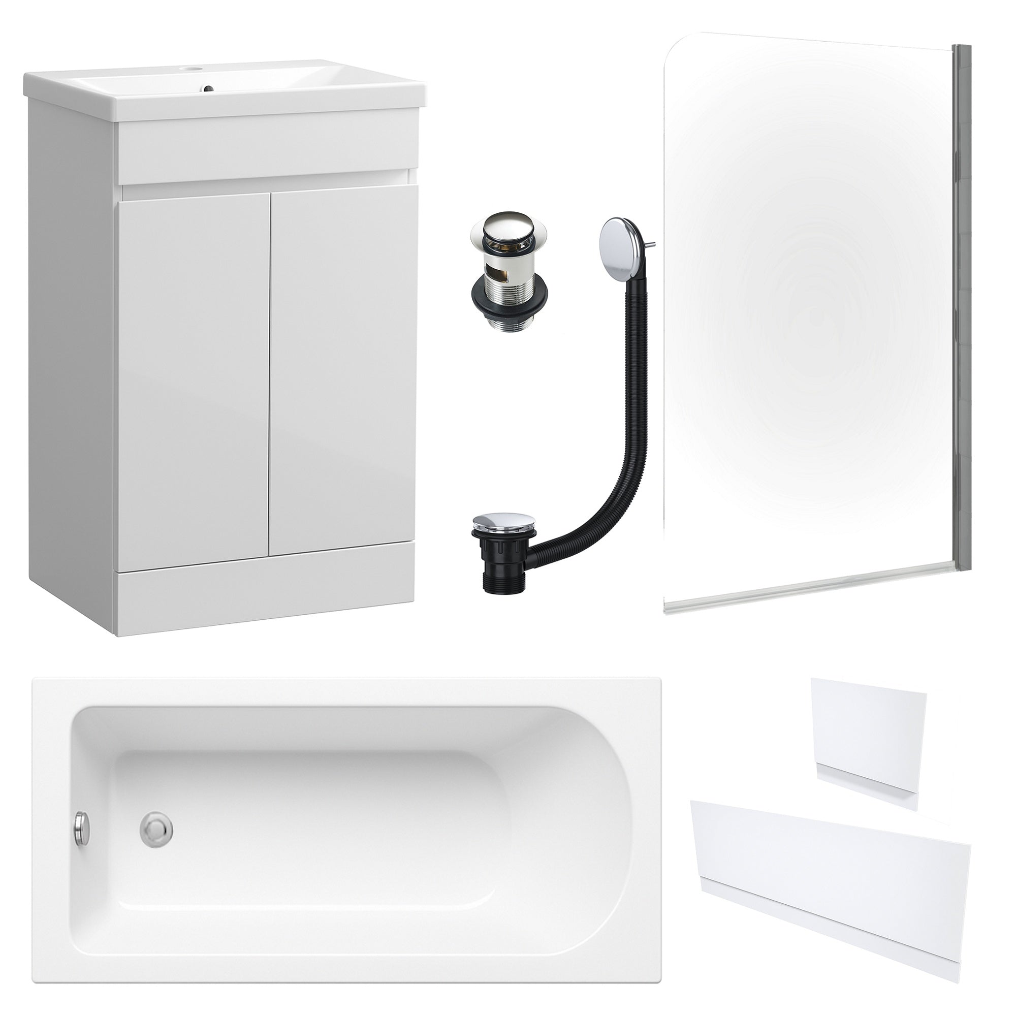 Waterproof 500mm Vanity Unit with Single Ended Bath, Gloss White Panels, Chrome Screen, Bath & Slotted Basin Waste