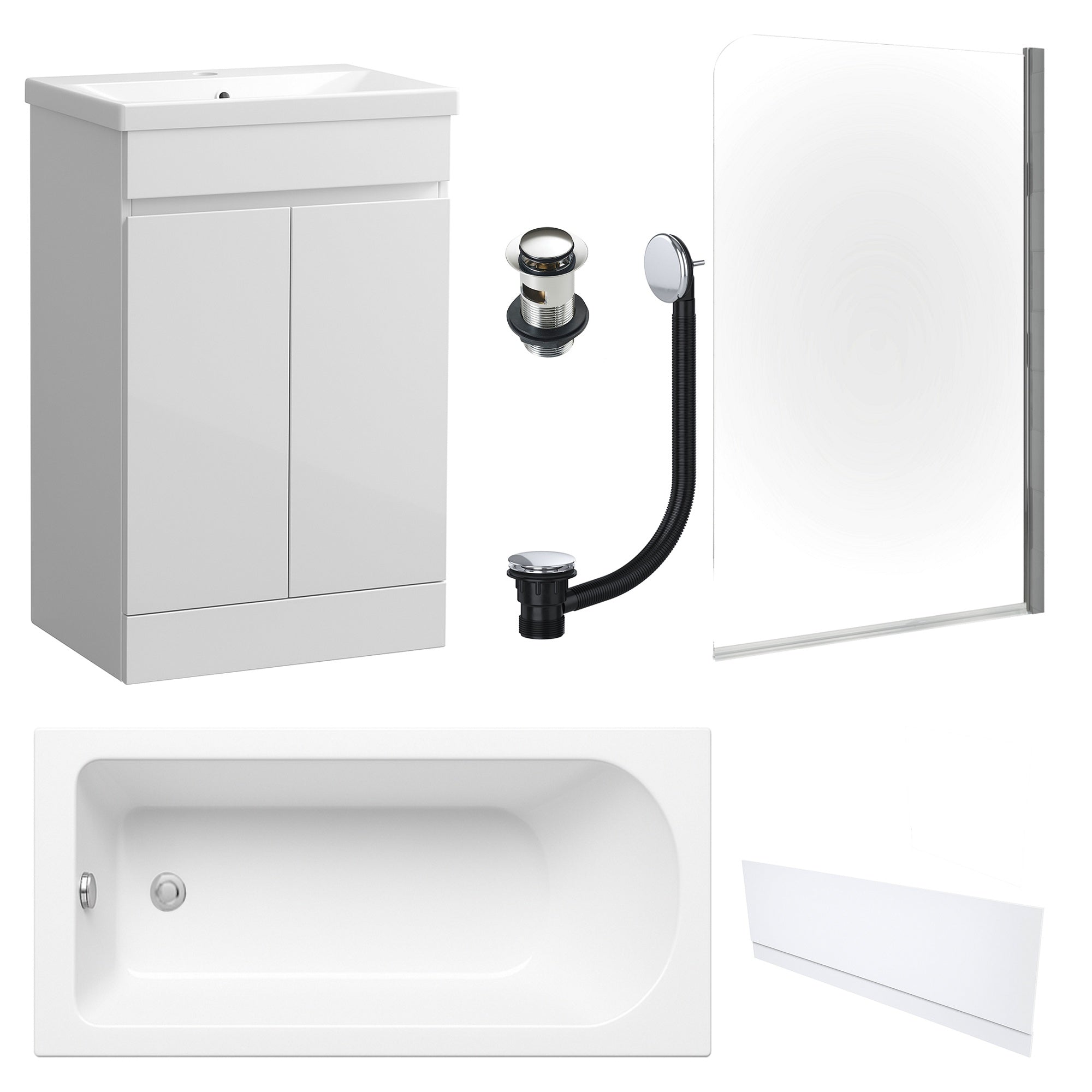 Waterproof 500mm Vanity Unit with Single Ended Bath, Gloss White Front Panel, Chrome Screen, Bath & Slotted Basin Waste