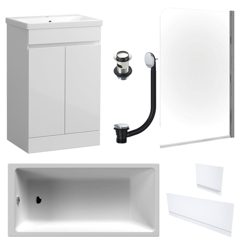 Waterproof 500mm Vanity Unit with Single Ended Bath, Gloss White Panels, Chrome Screen, Bath & Slotted Basin Waste